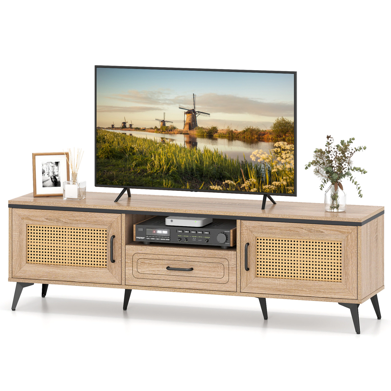 Glintex 59-Inch Mid-Century TV Stand with Faux Rattan Doors and Drawer, Oak