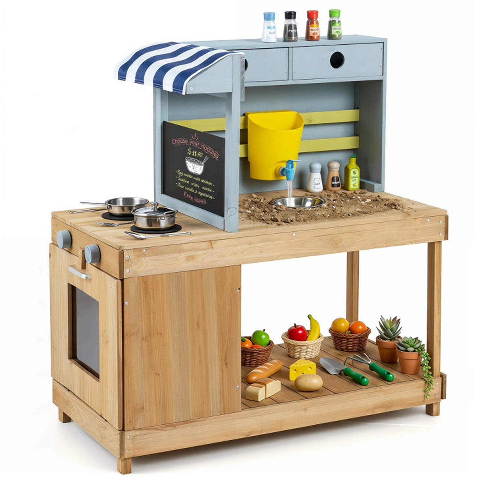 SUGIFT Fir Wood Kids Kitchen Playset with Canopy and Faucet 35-in Tall Mud Kitchen Ages 3+ Natural & Blue 8-Piece Set