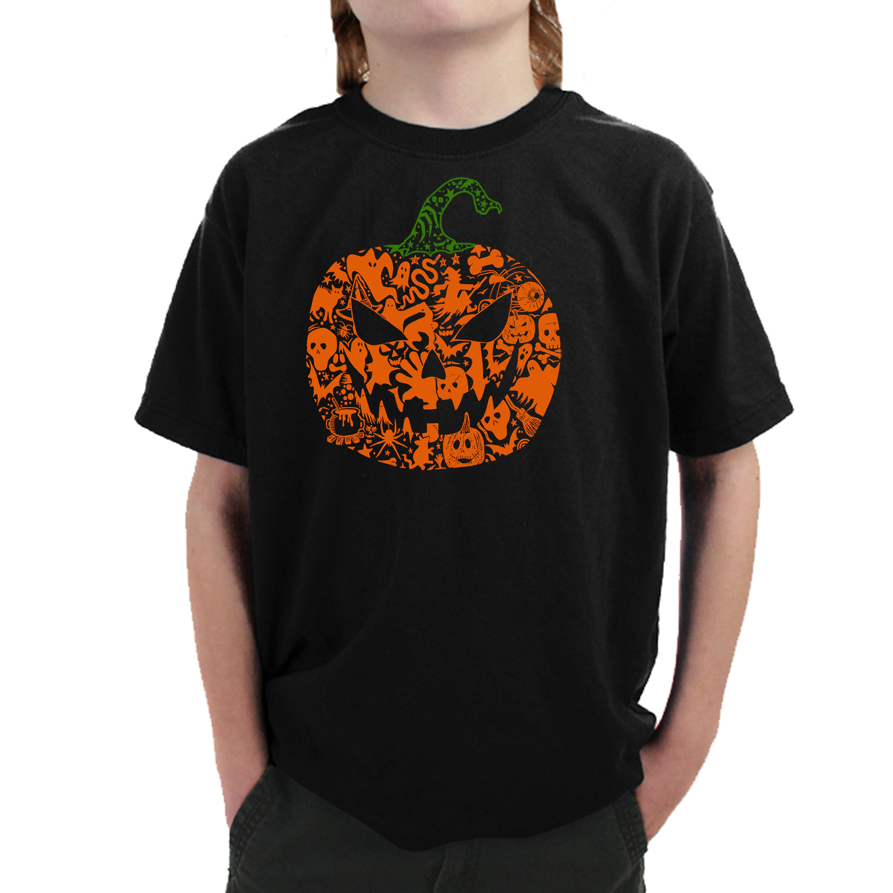 LA Pop Art Boy's Word T-Shirt - Halloween Pumpkin
