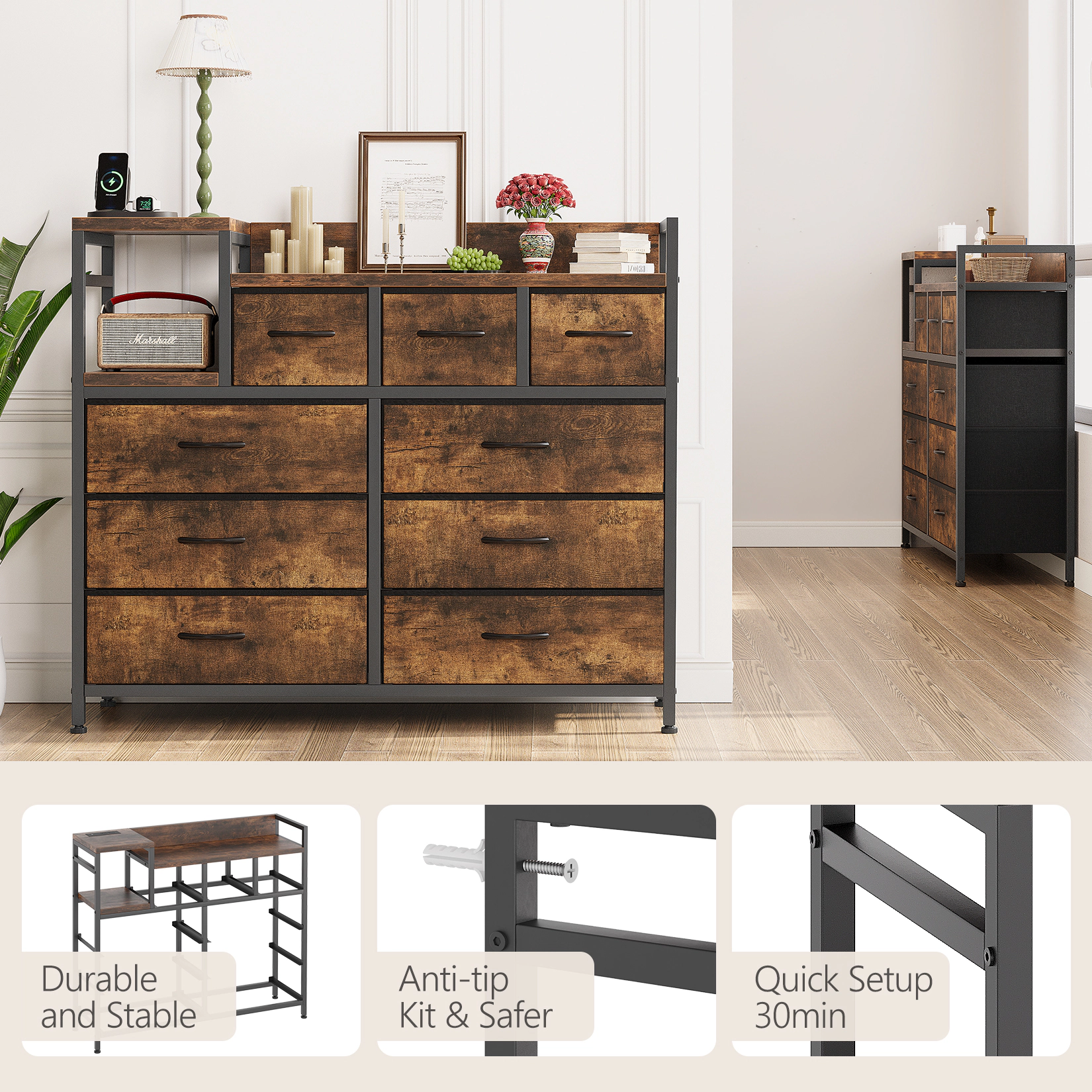 BebreezChic 9 Drawer Dresser with Charging Station and Wooden Top Metal Frame TV Stand