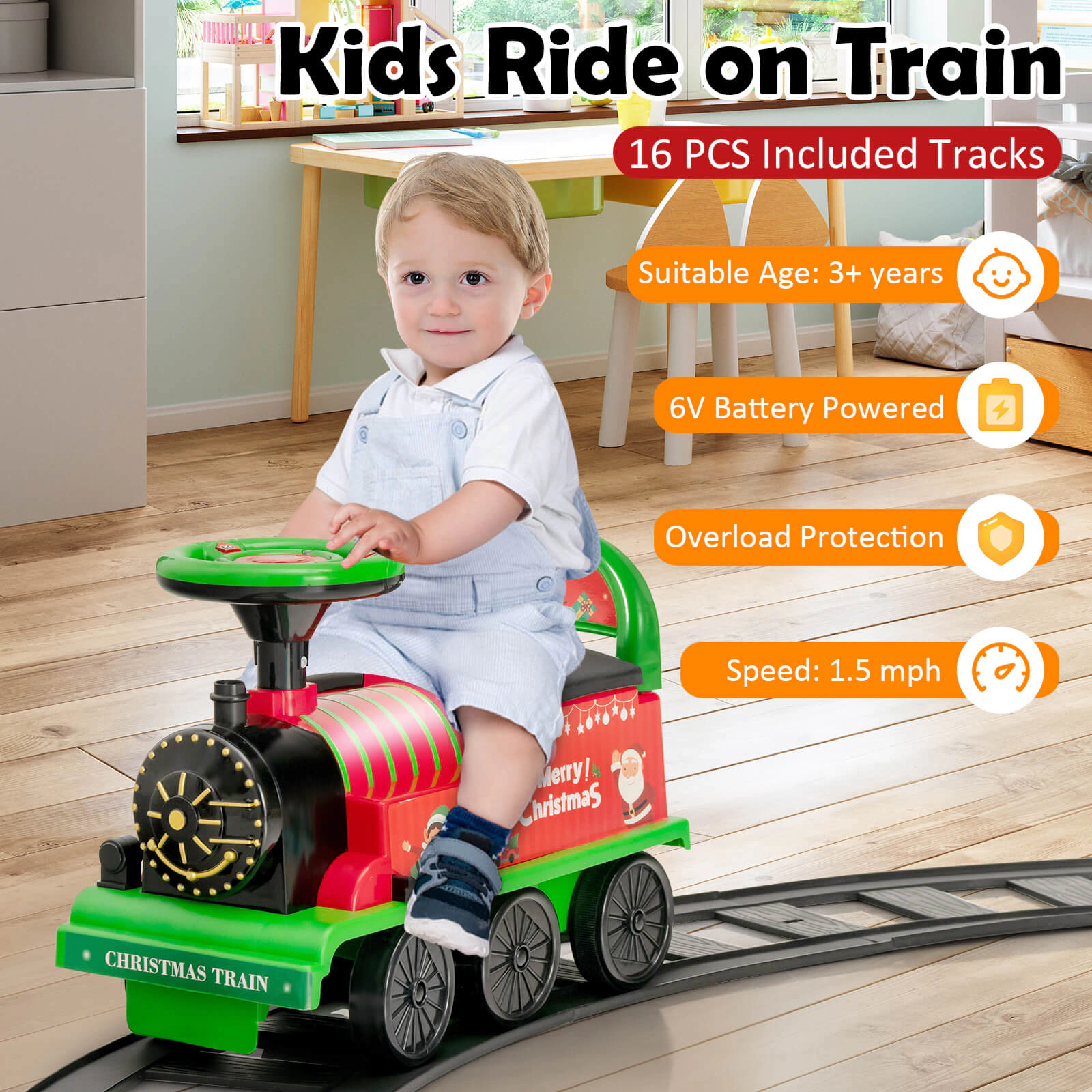 6V Kids Ride On Train with 16-Piece Track Under-Seat Storage and Retractable Footrests for Ages 3+ Electric Ride On Toy
