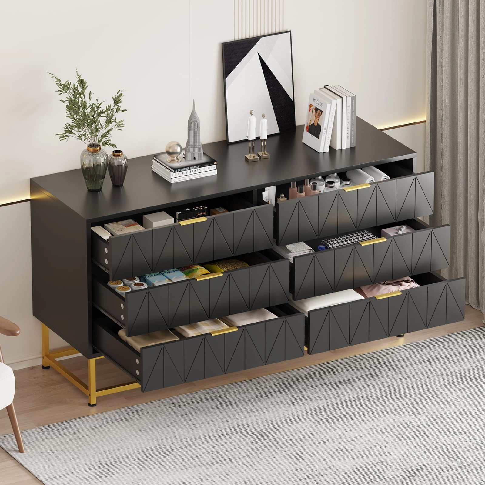 Modern 6 Drawer Wood Dresser with Metal Legs, Wide Storage Chest Organizer for Bedroom Living Room