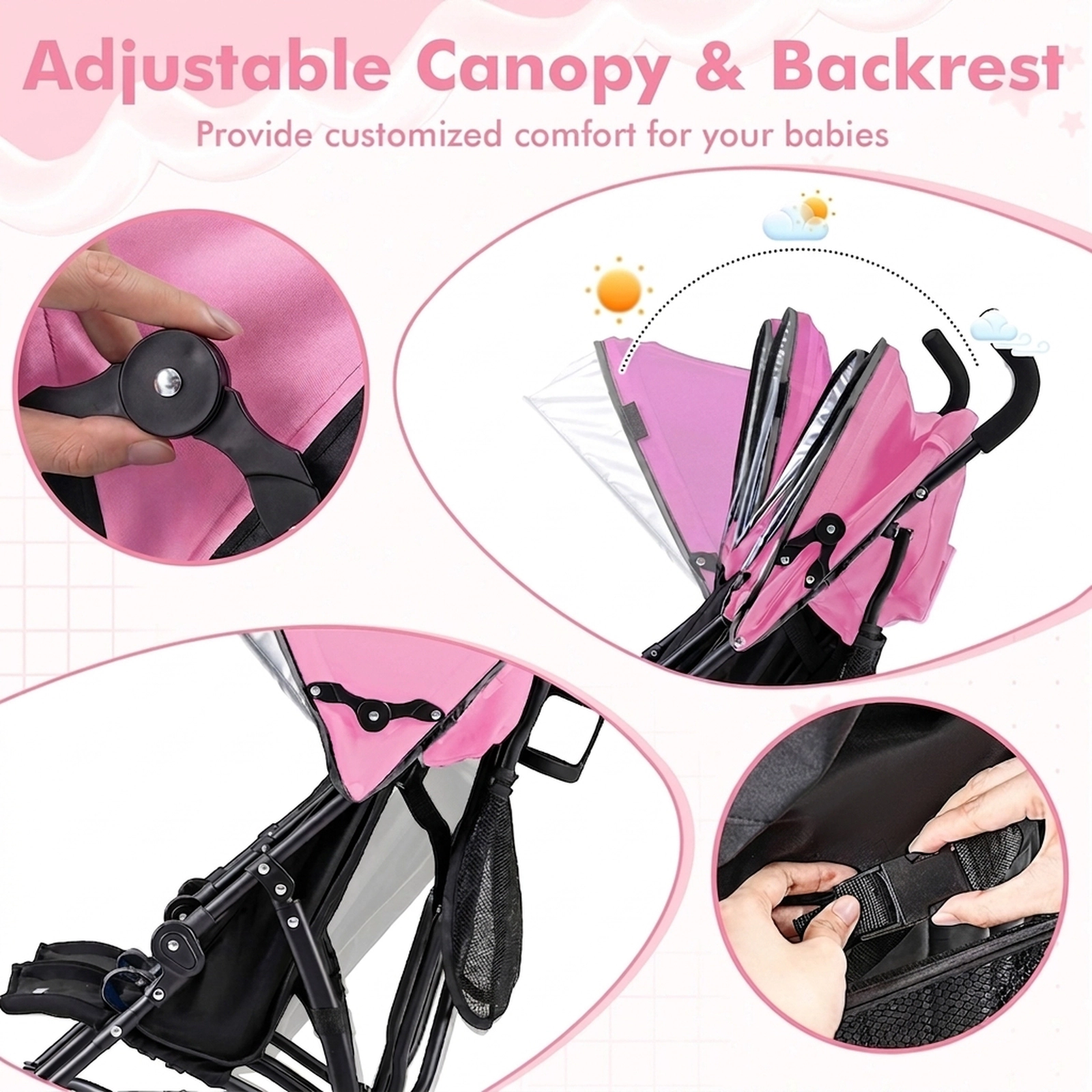 SUGIFT Foldable Twin Umbrella Double Stroller 35-lb Capacity Per Seat Ages 7-36 Months Black/Pink