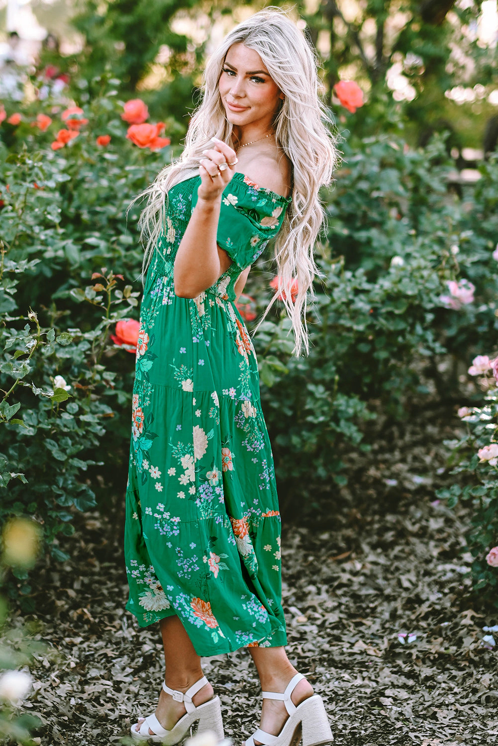 Threaded Pear Women's Kailany Floral Bubble Sleeve Smocked Tiered Midi Dress