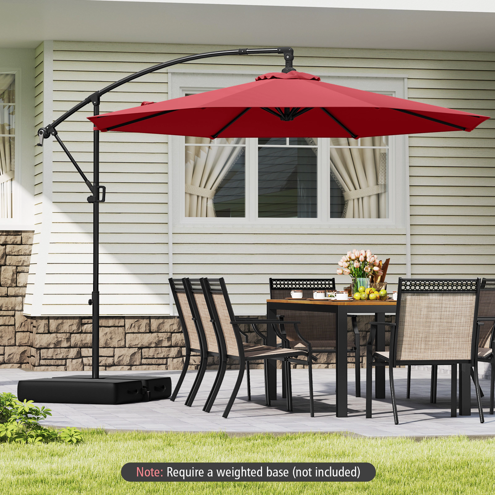 SUGIFT 10-ft Wine Offset Hanging Patio Umbrella with Base Infinite Tilt 8 Metal Ribs and Vented Canopy