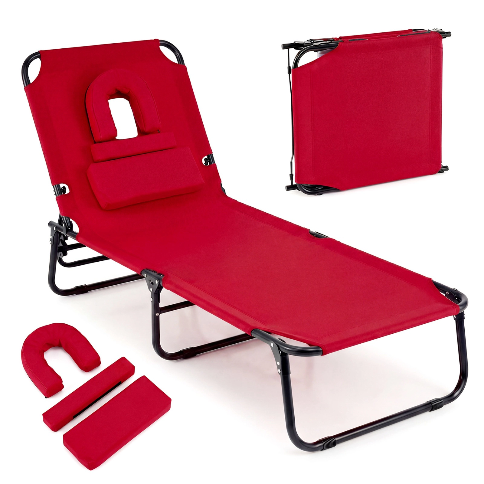 SUGIFT Adjustable Folding Face Down Tanning Chair with Face Hole & 3 Removable Pillows 330-lb Capacity 76.5-in Frame Red
