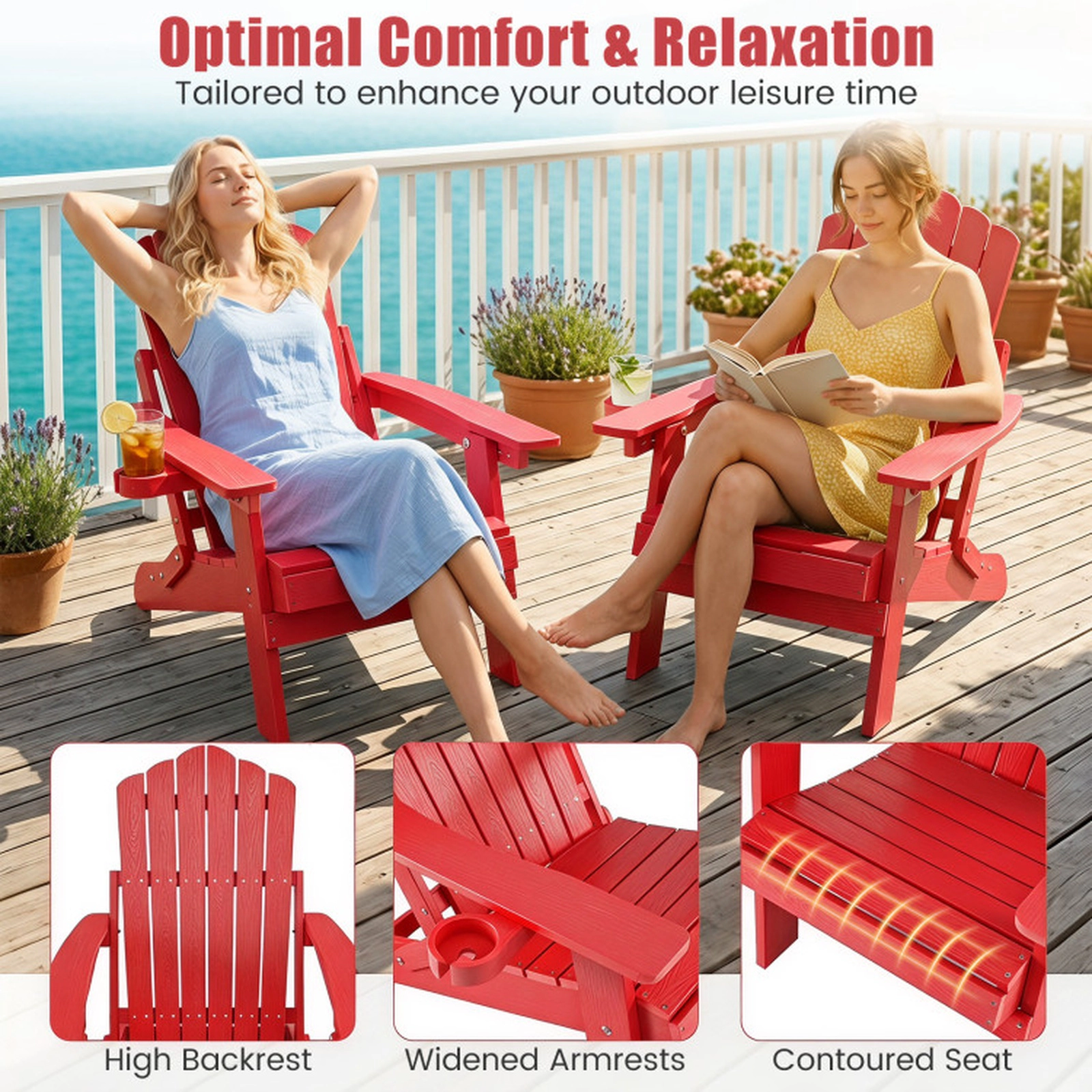 SUGIFT Set of 2 330-lb Capacity Red 5-Level Reclining Folding HIPS Adirondack Chairs with Swivel Cup Holder