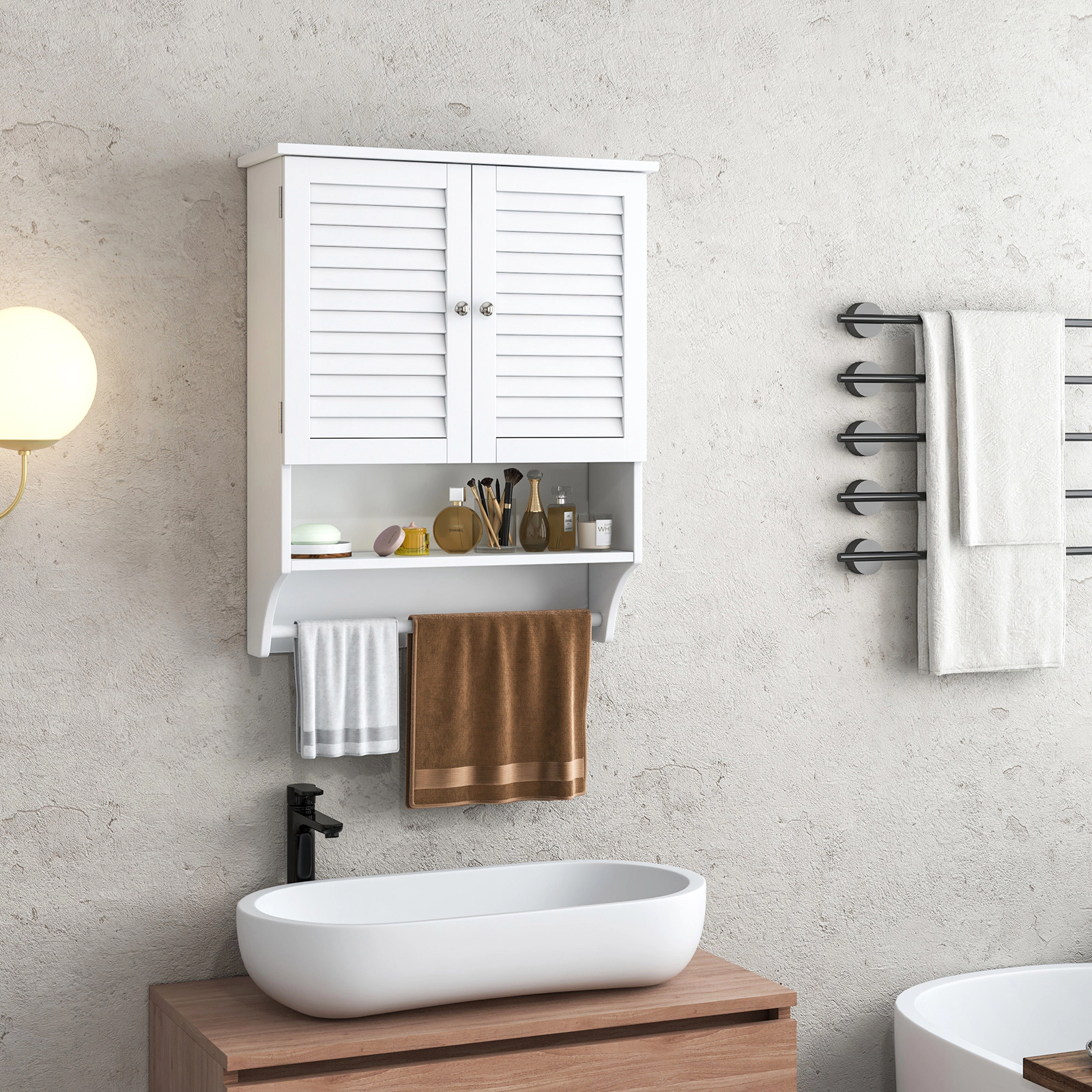 Slickblue Wall Mounted Bathroom Cabinet White MDF Adjustable Shelf Towel Bar