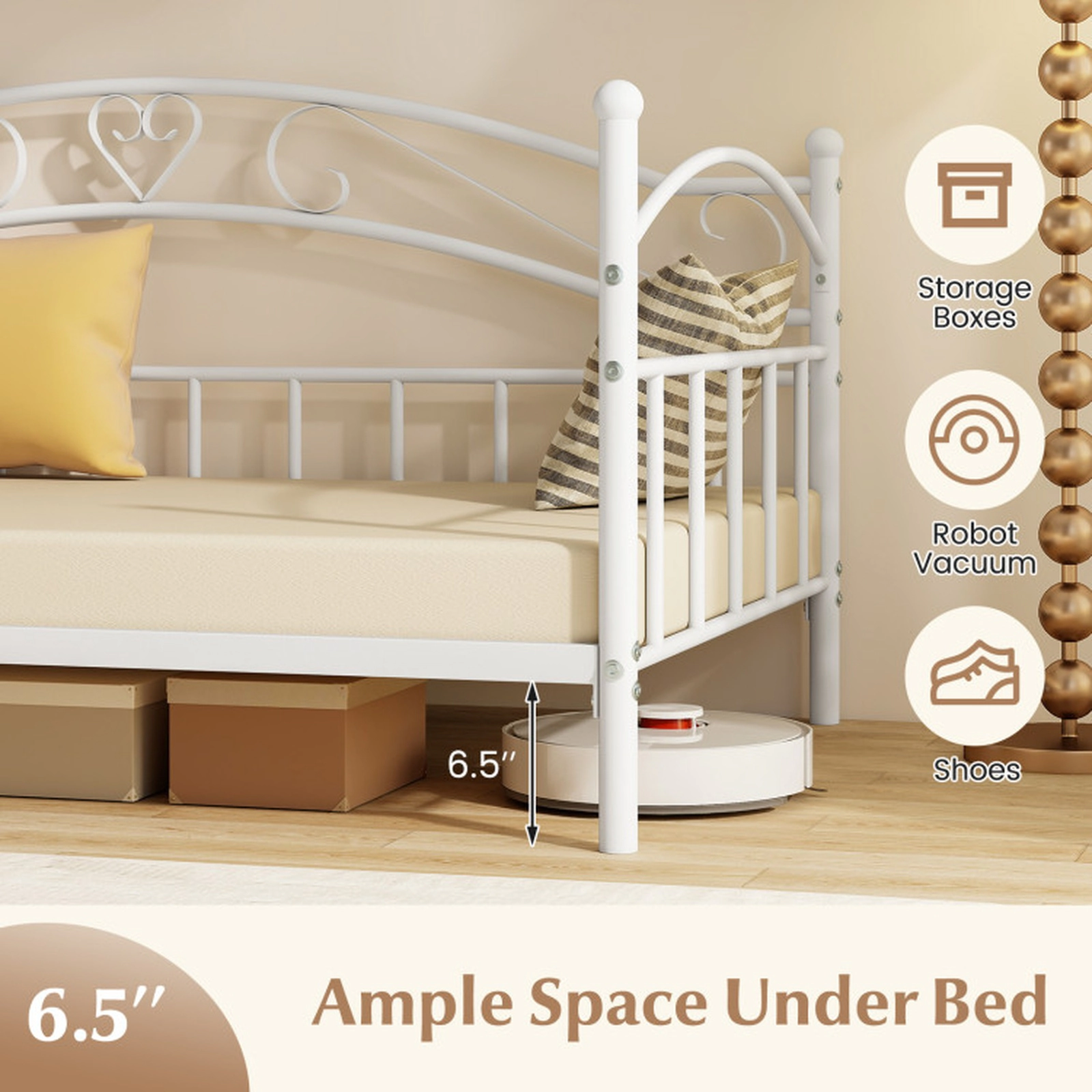 SUGIFT Twin Size Scrollwork Headboard 12 Slats Metal Daybed Frame 78-in x 41.5-in x 34.5-in 485-lb Capacity White