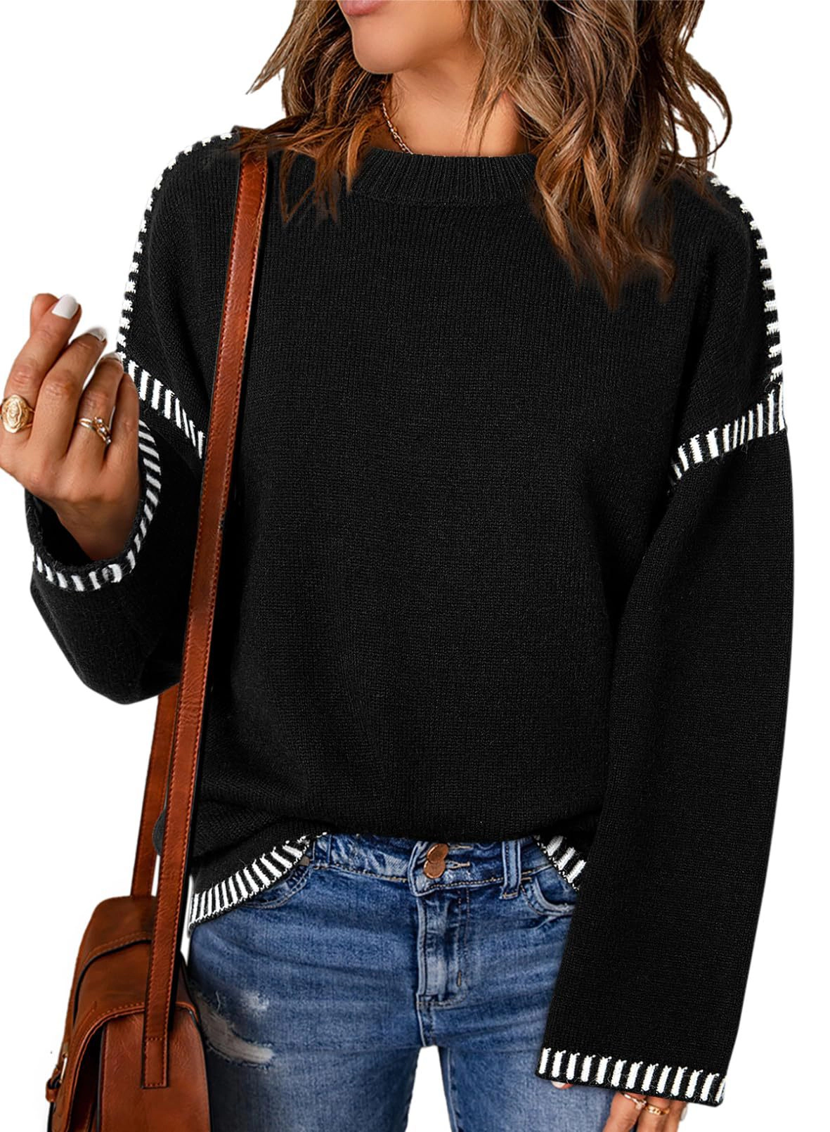 KOJOOIN Women's Contrast Stitch Sweaters Oversized Knit Pullover Loose Stitched Trim Fall Winter Tops