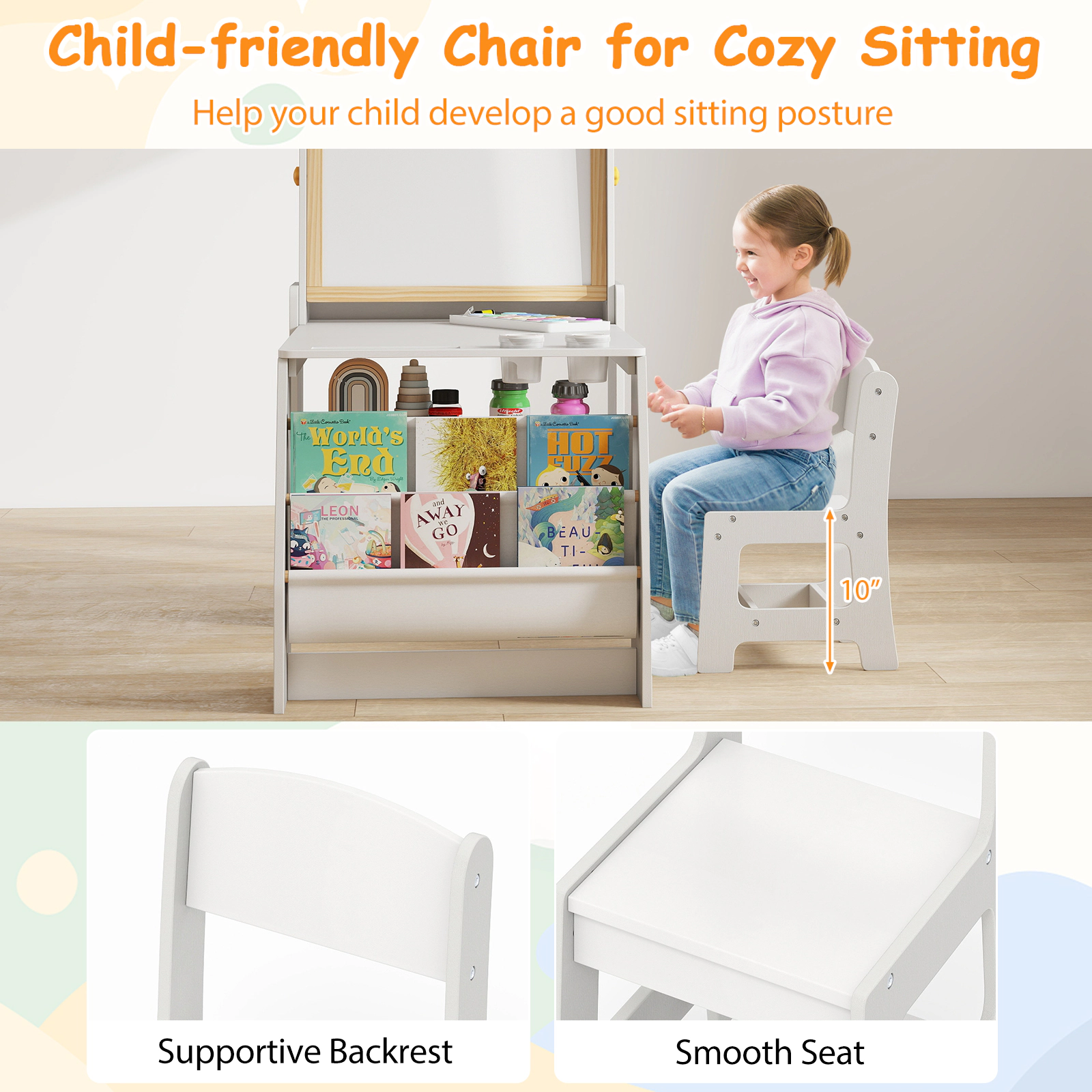 SUGIFT Kids Art Table and Chair Set with Easel 110-lb Tabletop Capacity with Bookshelf and Storage Gray White Natural
