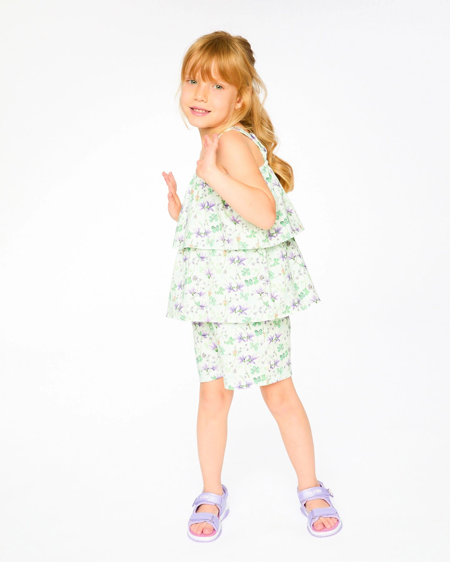 Deux par Girls Jersey Romper with Tiers Printed Flowers