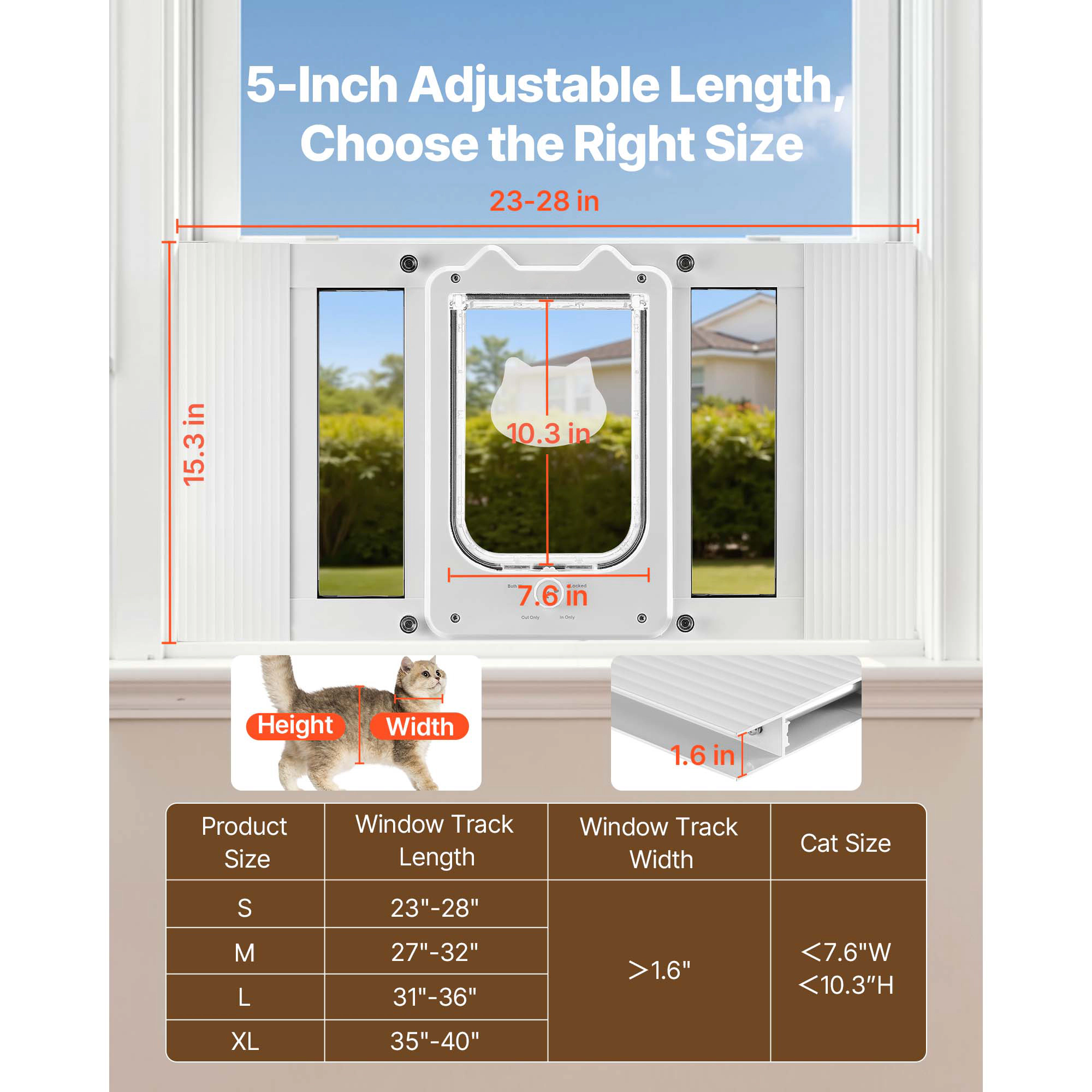 HONGGE Cat Door for Window Adjustable to Fit Window Width - 4 Secure Lock Modes Aluminum Frame and High-Transparency