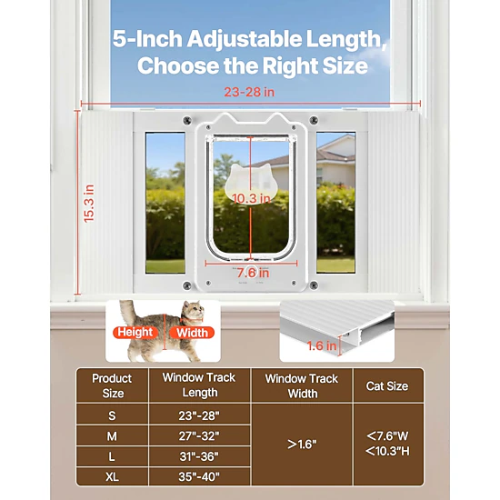 HONGGE Cat Door for Window, Adjustable 23-28 in Width, 4-Way Lock
