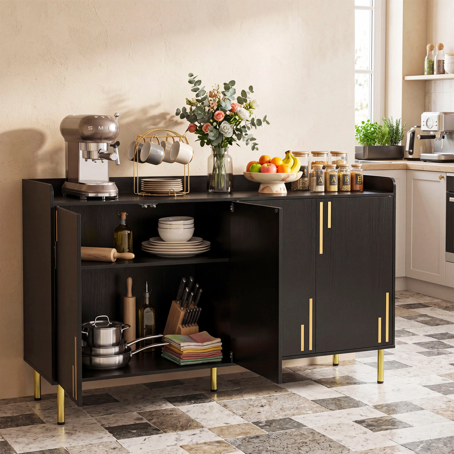 LJG 55" Buffet Cabinet with 4 Doors and 5 Metal Legs Modern Credenza