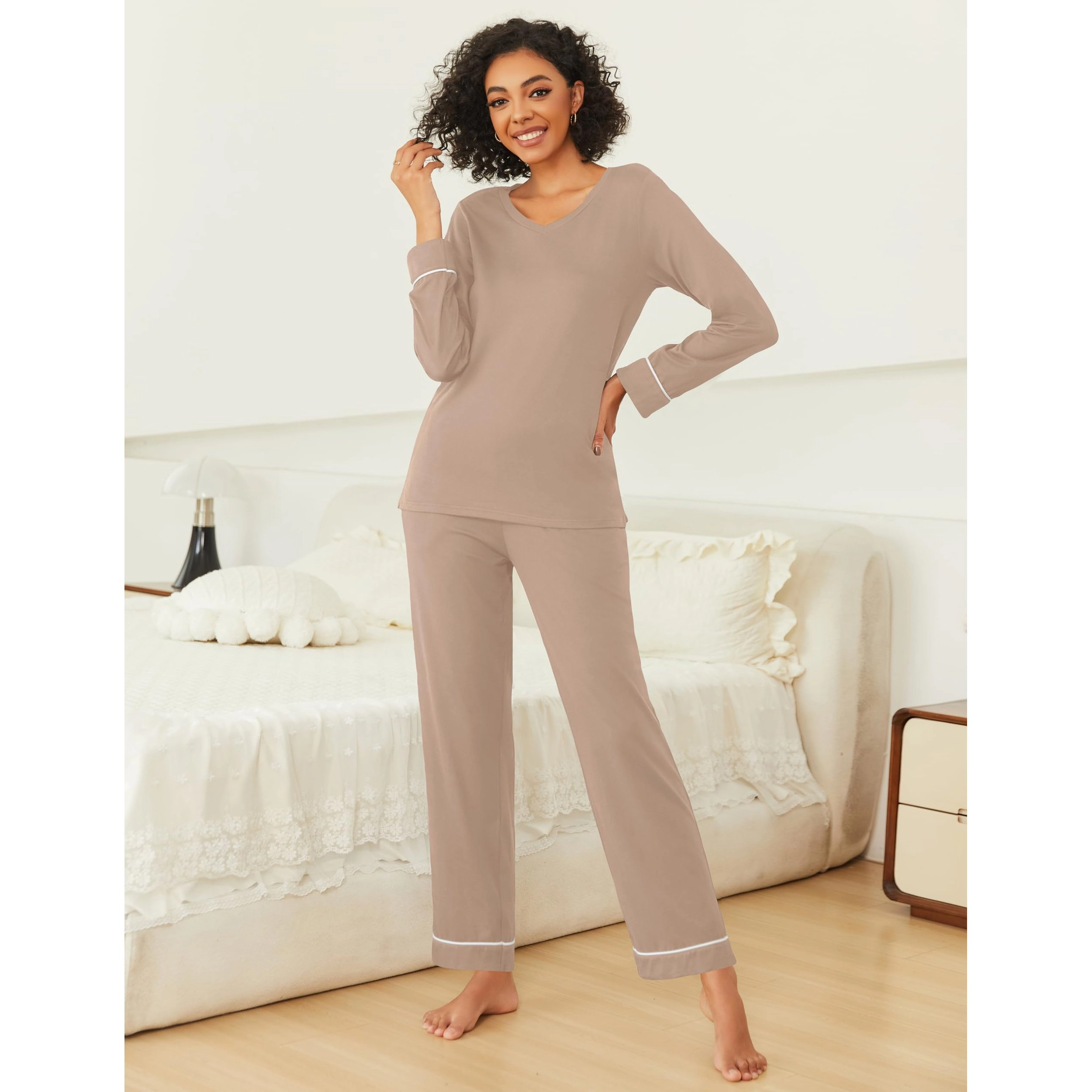 Ekouaer Womens Pajama Sets Two Piece Lounge V neck Long Sleeve Top and Elastic Waist Pants