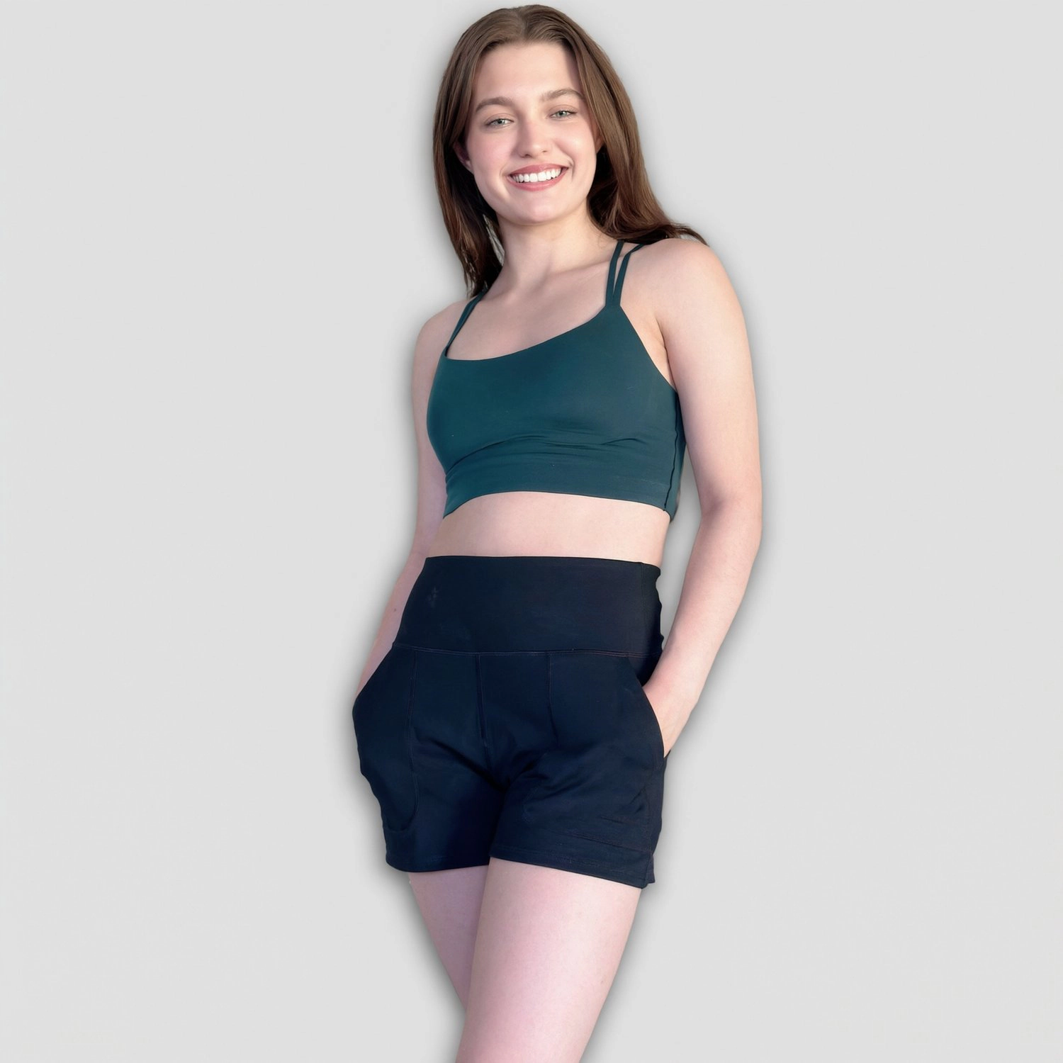 Pinspark Womens High Waisted Workout Shorts Solid Color Side Pockets Athletic