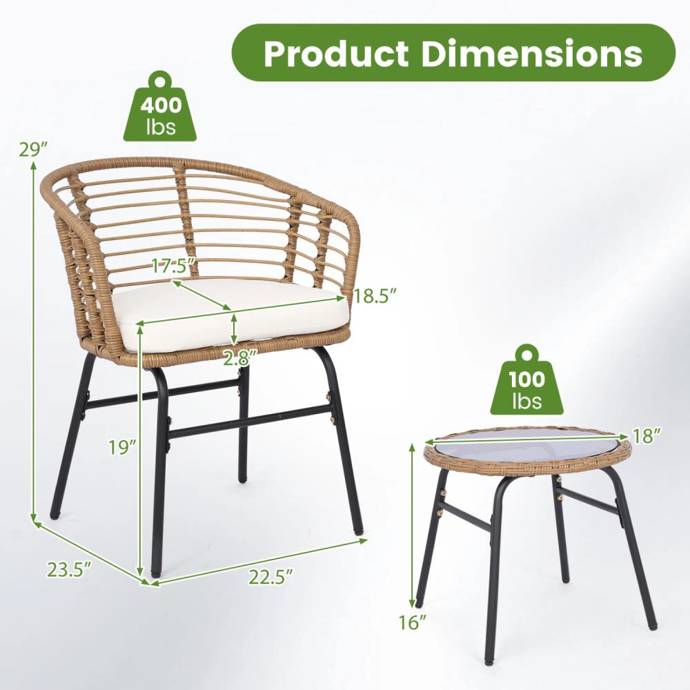Hivvago 3 Pieces Outdoor Patio Furniture Set With Soft Cushions