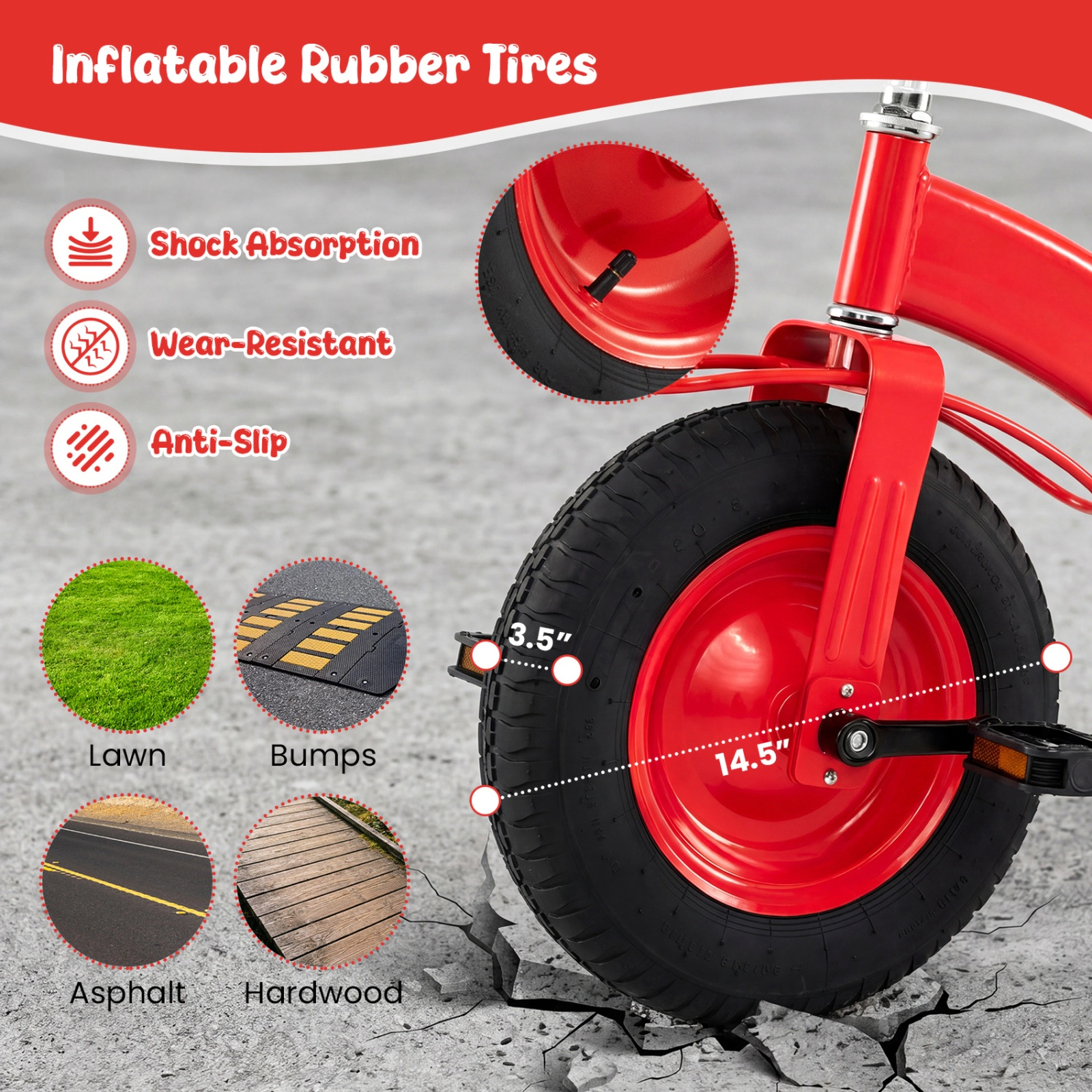 SUGIFT Carbon Steel Kids Tricycle Ride-On with Inflatable Rubber Tires 200-lb Capacity Ages 3+ 33-in Frame Red