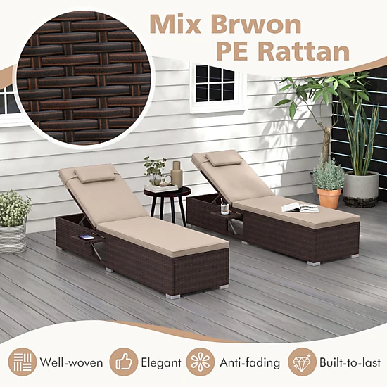 SUGIFT Outdoor PE Rattan Chaise Lounge with 6-Position Adjustable Backrest and Side Table 400-Lb Capacity Mix Brown