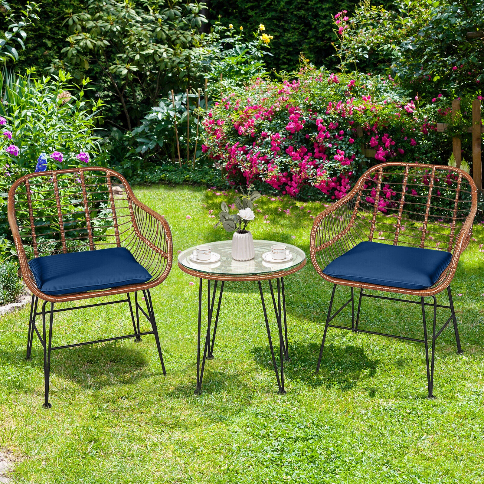 SUGIFT 3 Piece Patio Rattan Bistro Set Navy with Armchairs and Round Side Table