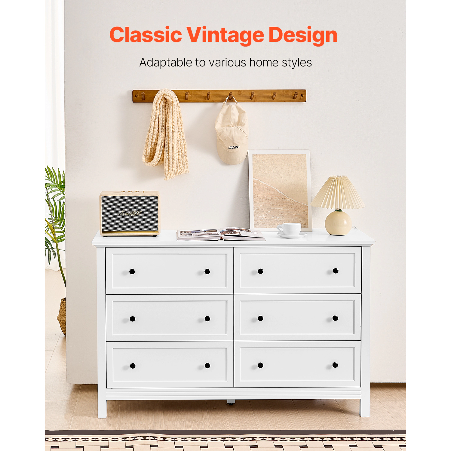 HONGGE 6-Drawer White Dresser & TV Stand with Anti-Tip Device, 150 lb Capacity Retro Minimalist Storage Chest