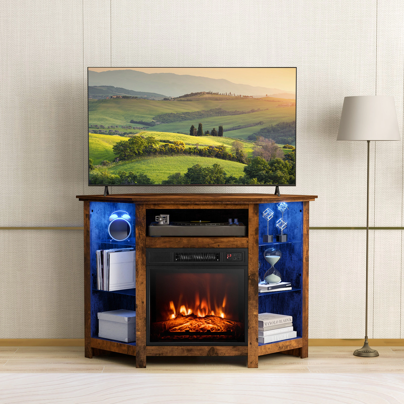 SUGIFT Corner Fireplace TV Stand for 50 with LED Lights and Glass Side Shelves