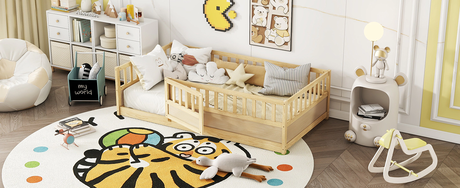 Flynama Twin Montessori Floor Bed, High Safety Barrier & Door, Solid Wood, Natural (Patented)