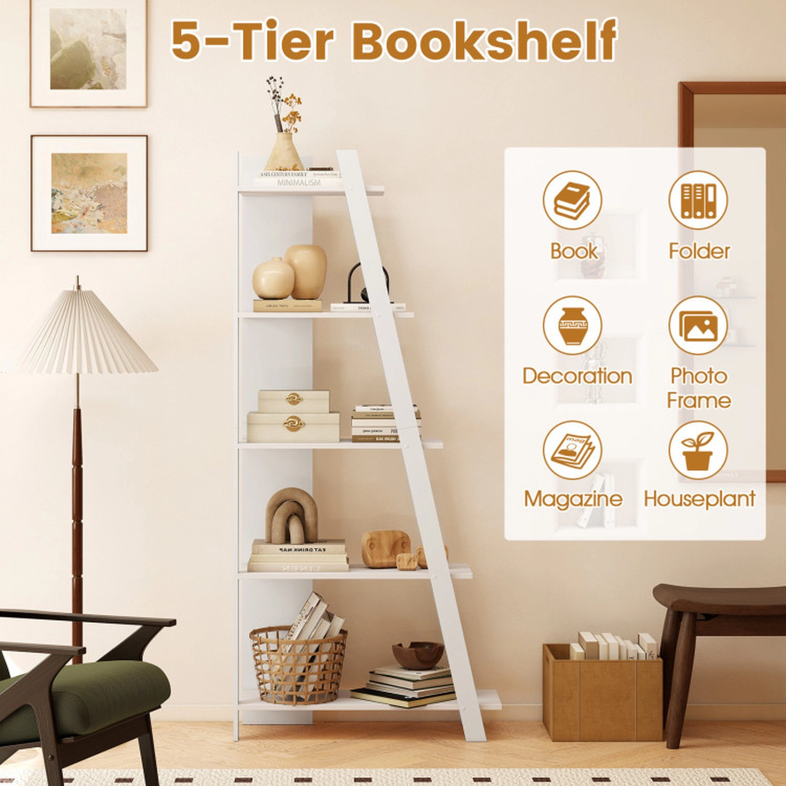 SUGIFT 5-Tier Modern Narrow Bookshelf Vertical Display Shelf 36-in Wide 51-lb Per Shelf 254-lb Total Capacity White