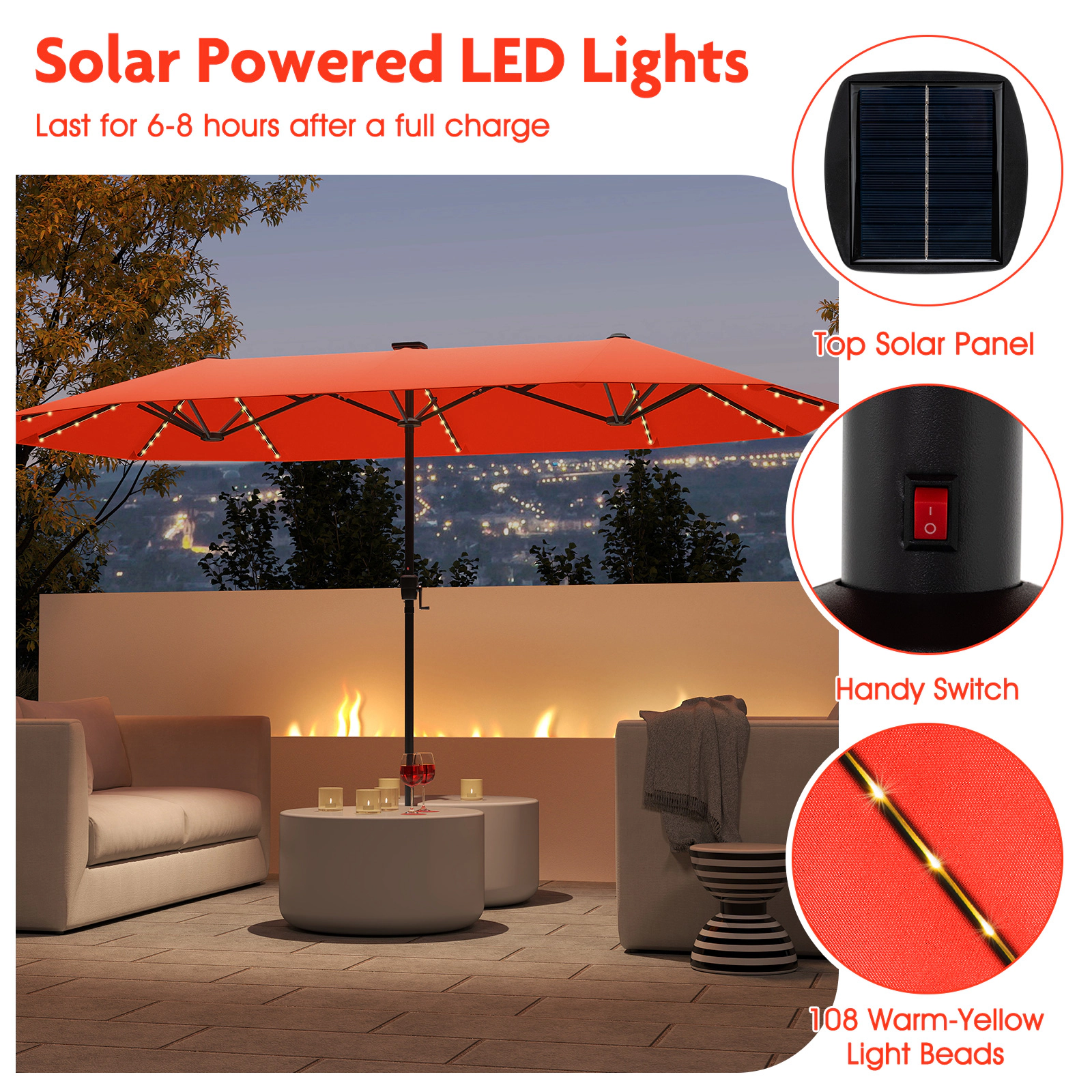 SUGIFT 13-ft Orange Rectangular Double-Sided Market Patio Umbrella with 108 Solar LED Lights and Crank Lift