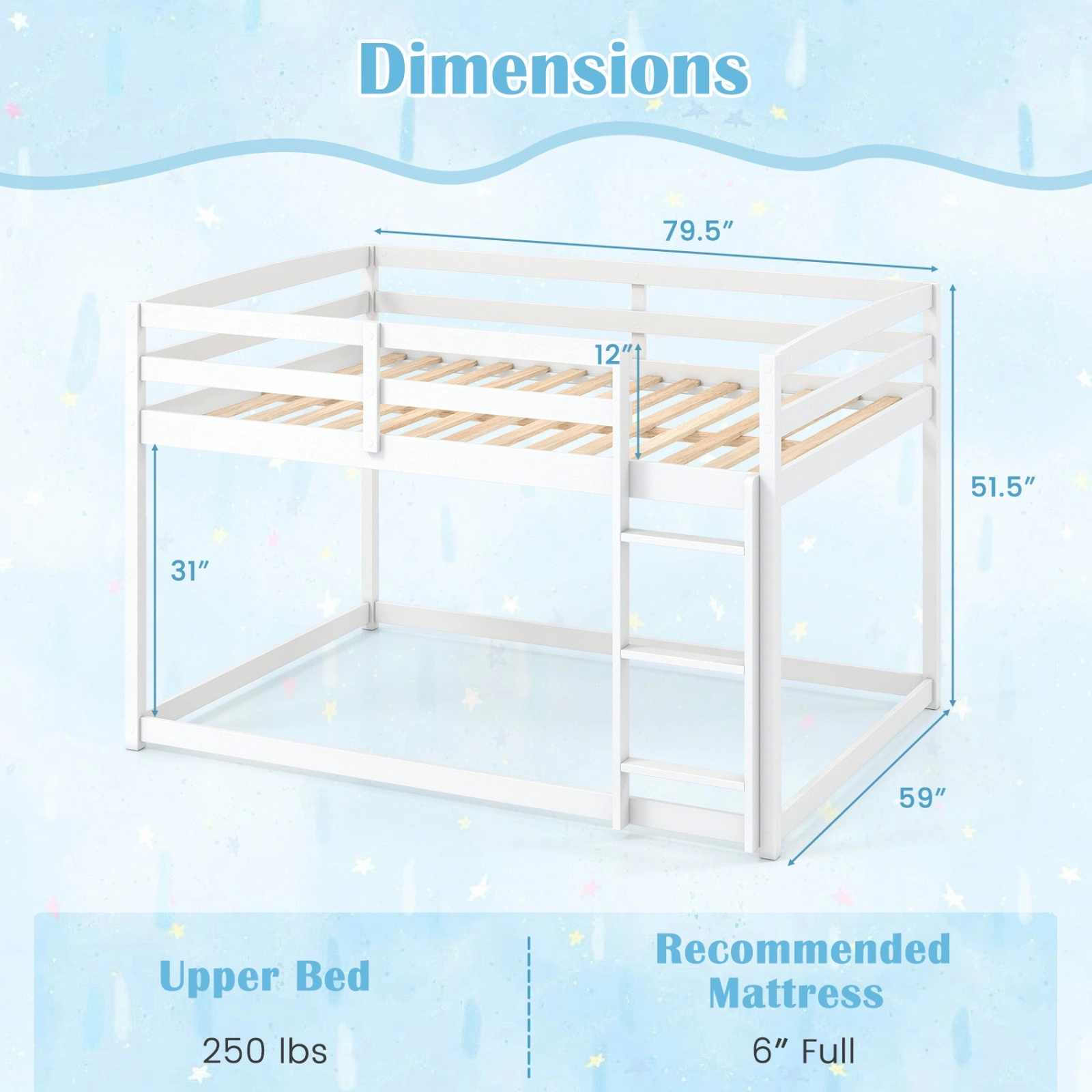 SUGIFT Full-Over-Full Low Bunk Bed, Solid Pine, 3-Step Ladder, 12-in Guardrails, White