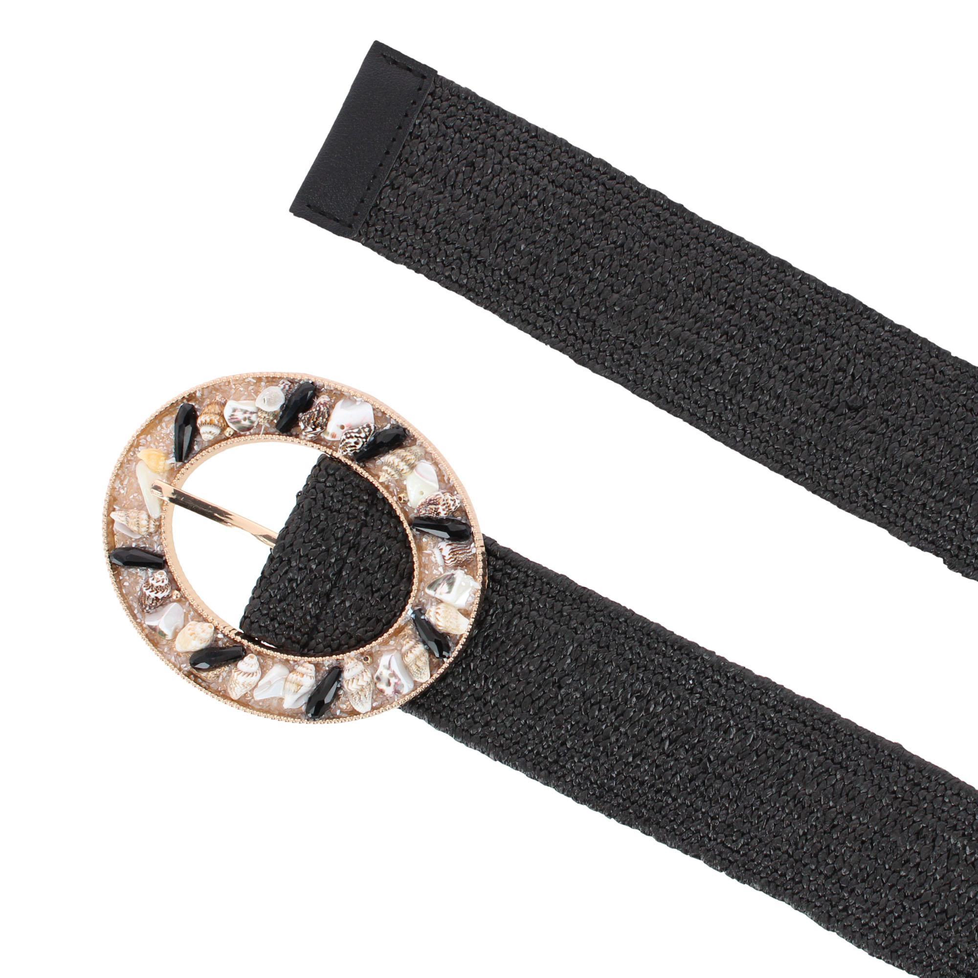 CTM Women's One Size Raffia Stretch Belt with SeaShell Buckle