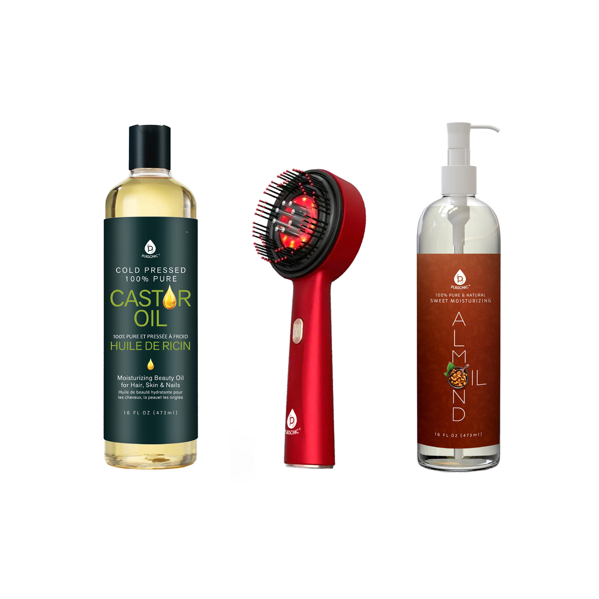 Pursonic Unisex Hair & Beauty Wellness Bundle: LED Therapy Brush, Castor Oil & Sweet Almond Oil