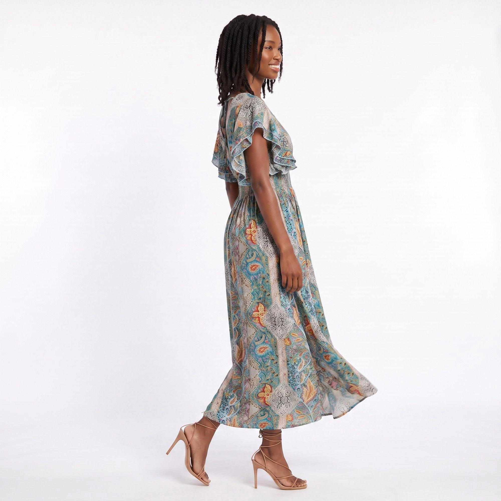Anna-Kaci Women's Paisley Print V-Neck Flutter Sleeves Smocked Waist Side Slit Maxi Dress