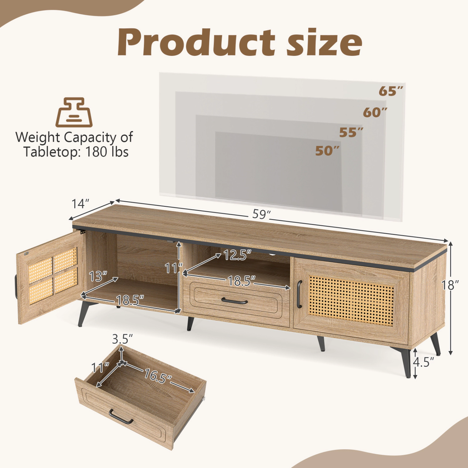 Glintex 59-Inch Mid-Century TV Stand with Faux Rattan Doors and Drawer, Oak