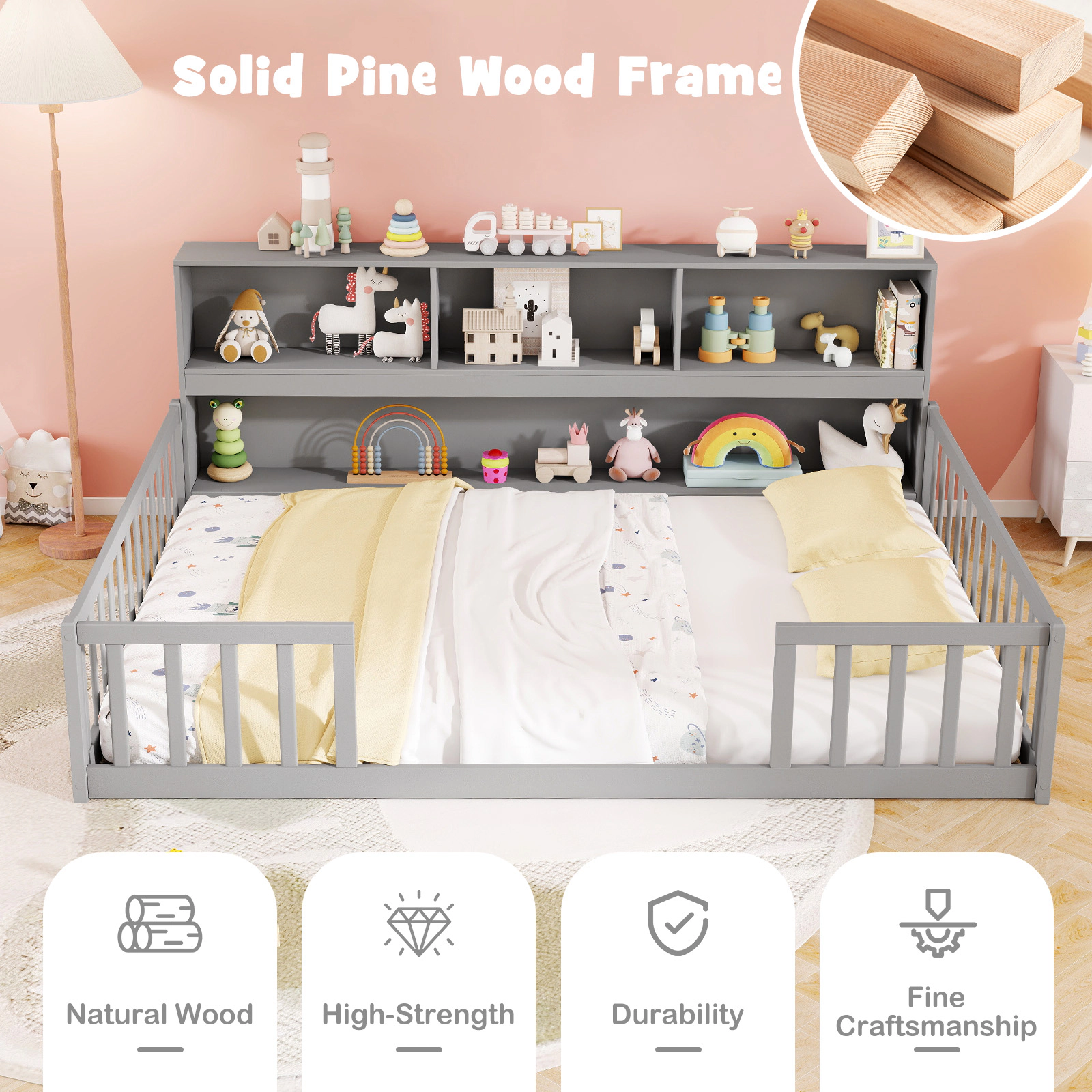 SUGIFT Gray Integrated Bookcase and Full-Length Guardrails Pine Wood Twin Kids Montessori Floor Bed