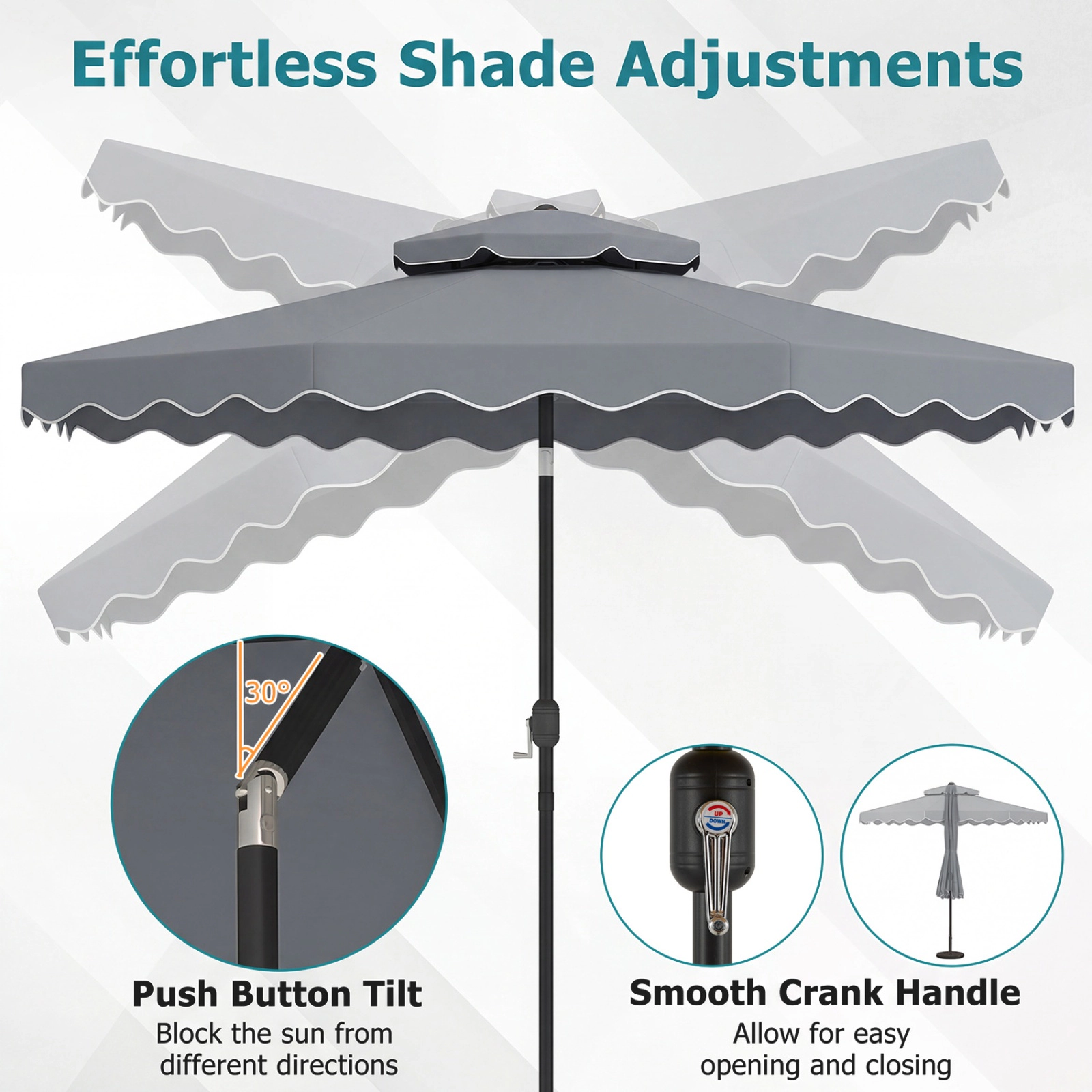 SUGIFT 10-ft Gray Patio Umbrella, 8 Ribs, Double-Vented Canopy, Crank Lift and Push-Button Tilt