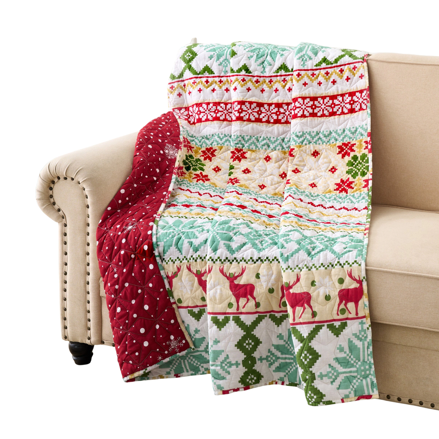 Greenland Home Fashion 100% Cotton Face Microfiber Back Polyester Fill Fair Isle Accessory Throw Snow