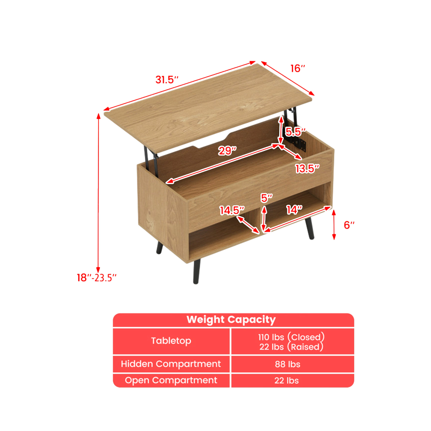 Hivvago Modern 31.5" Lift-Top Coffee Table with Discreet Storage and Open Shelf Space