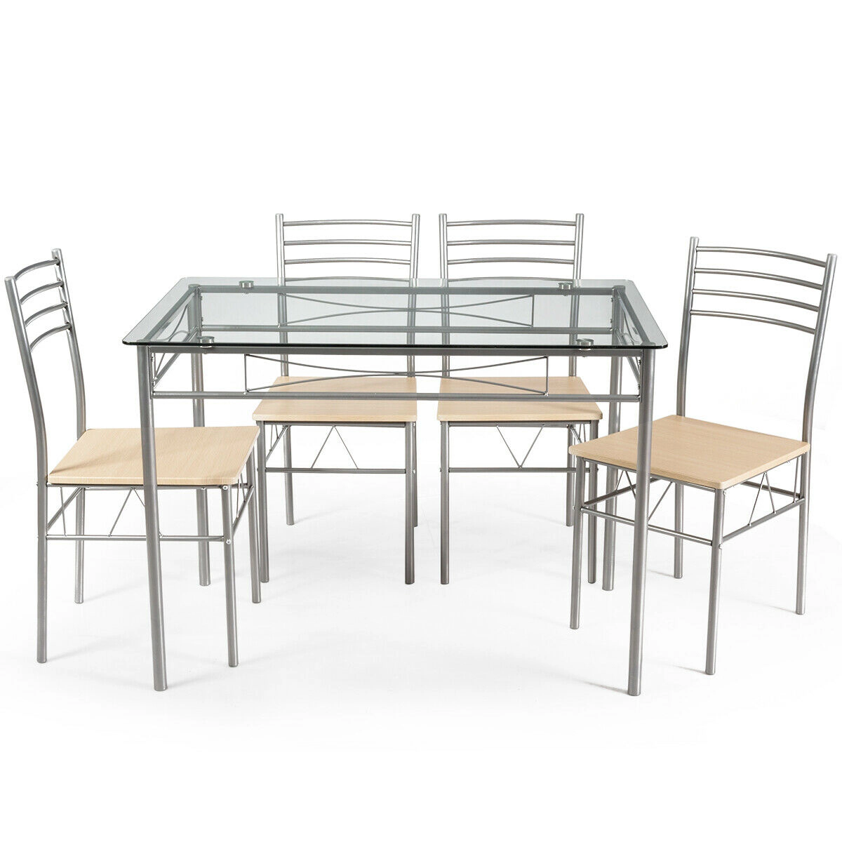 SUGIFT 5-Piece Silver 42-Inch Tempered Glass Dining Set with 4 High-Back Armless Chairs
