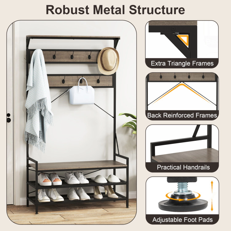 Hivvago Coat Rack 4-In-1 Hall Tree with 11 Hanging Hooks Shoe Bench-Gray