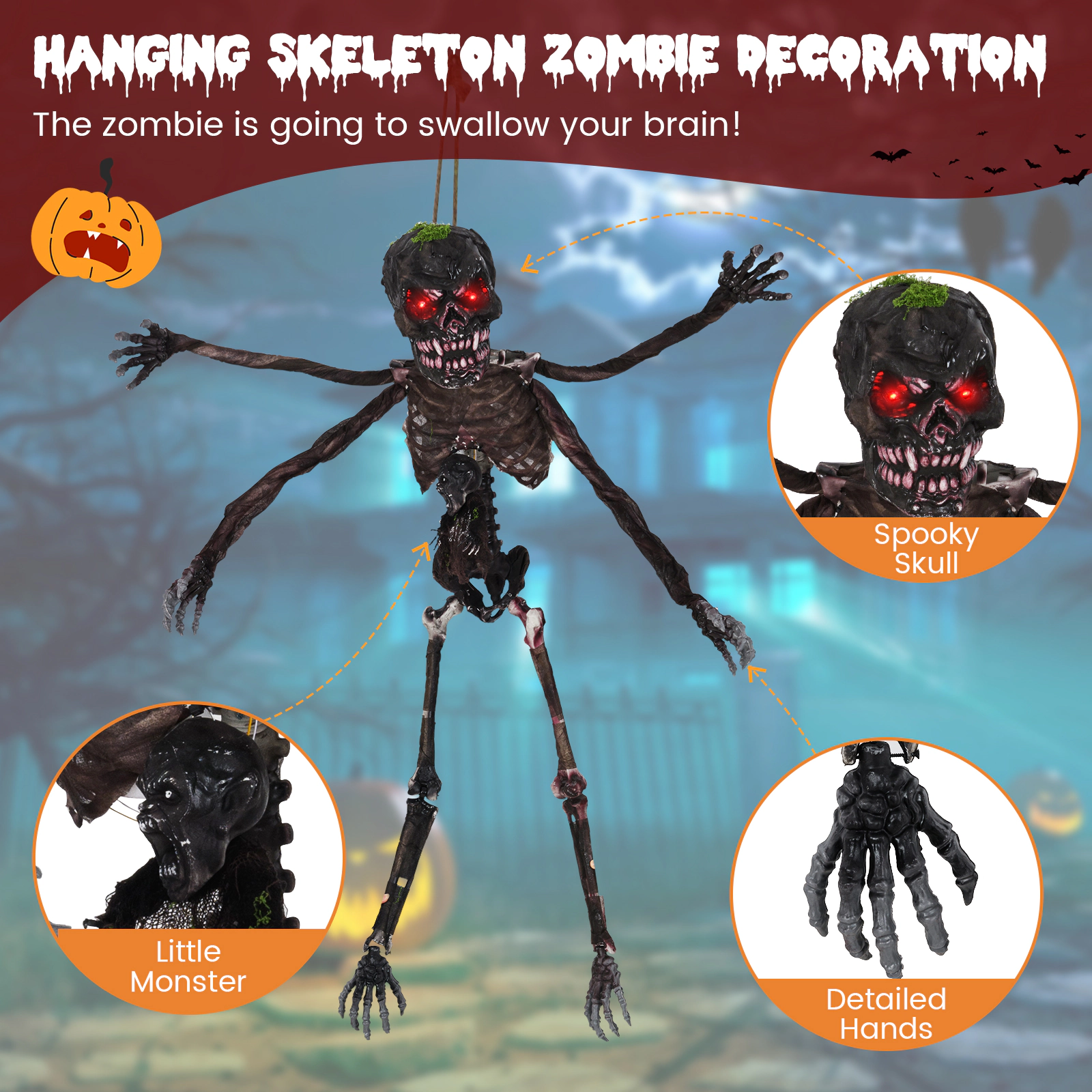 SUGIFT 6-ft 4 Poseable Arms Red LED Eyes Sound-Activated Animated Halloween Skeleton Decor 5.5-ft Wide 4.5-lb