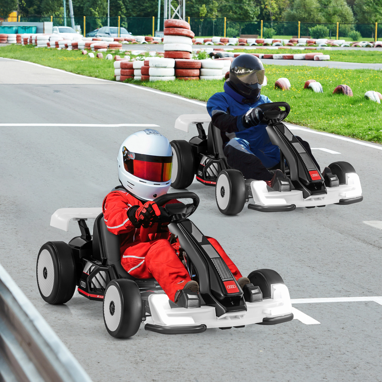 SUGIFT 24V Adjustable Kids Go Kart Ride-On Racing Toy with Drift and Sport Modes 110-lb Capacity Ages 6+ Black & White