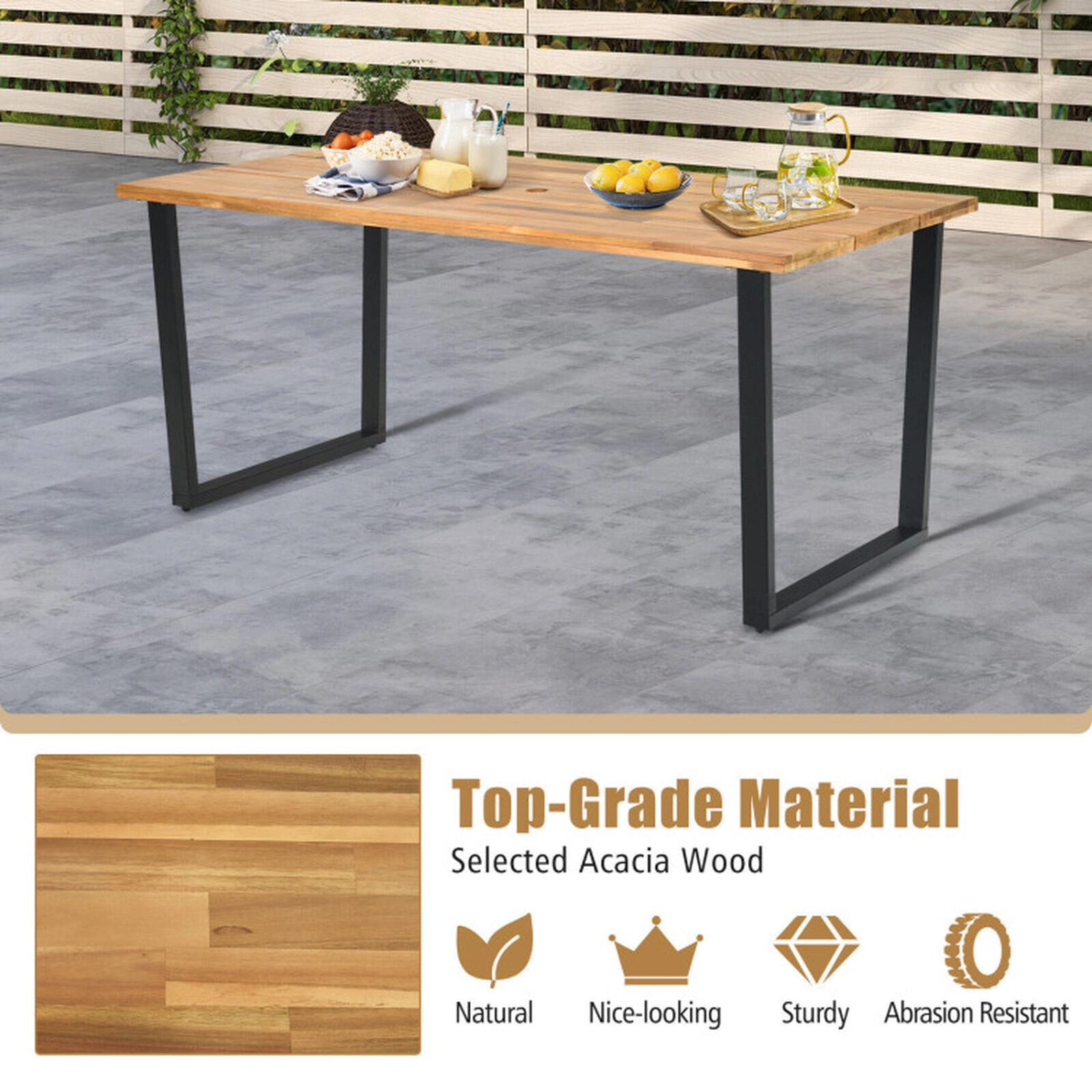 SUGIFT 6-Person Acacia Wood Metal Frame 2-in Umbrella Hole Outdoor Dining Table 69-in x 32-in 350-lb Capacity Natural