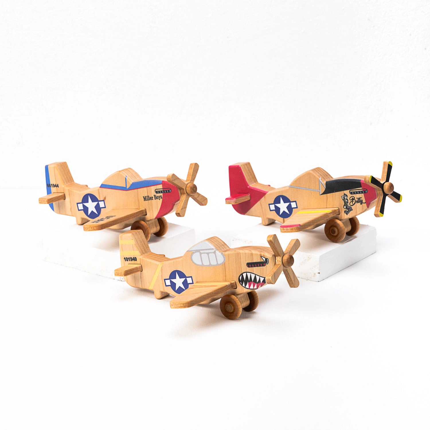 Miller Boys Vintage Toys WWII P-51 Mustang Wooden Airplane Trio - 3-Piece Maple Set - Made in USA