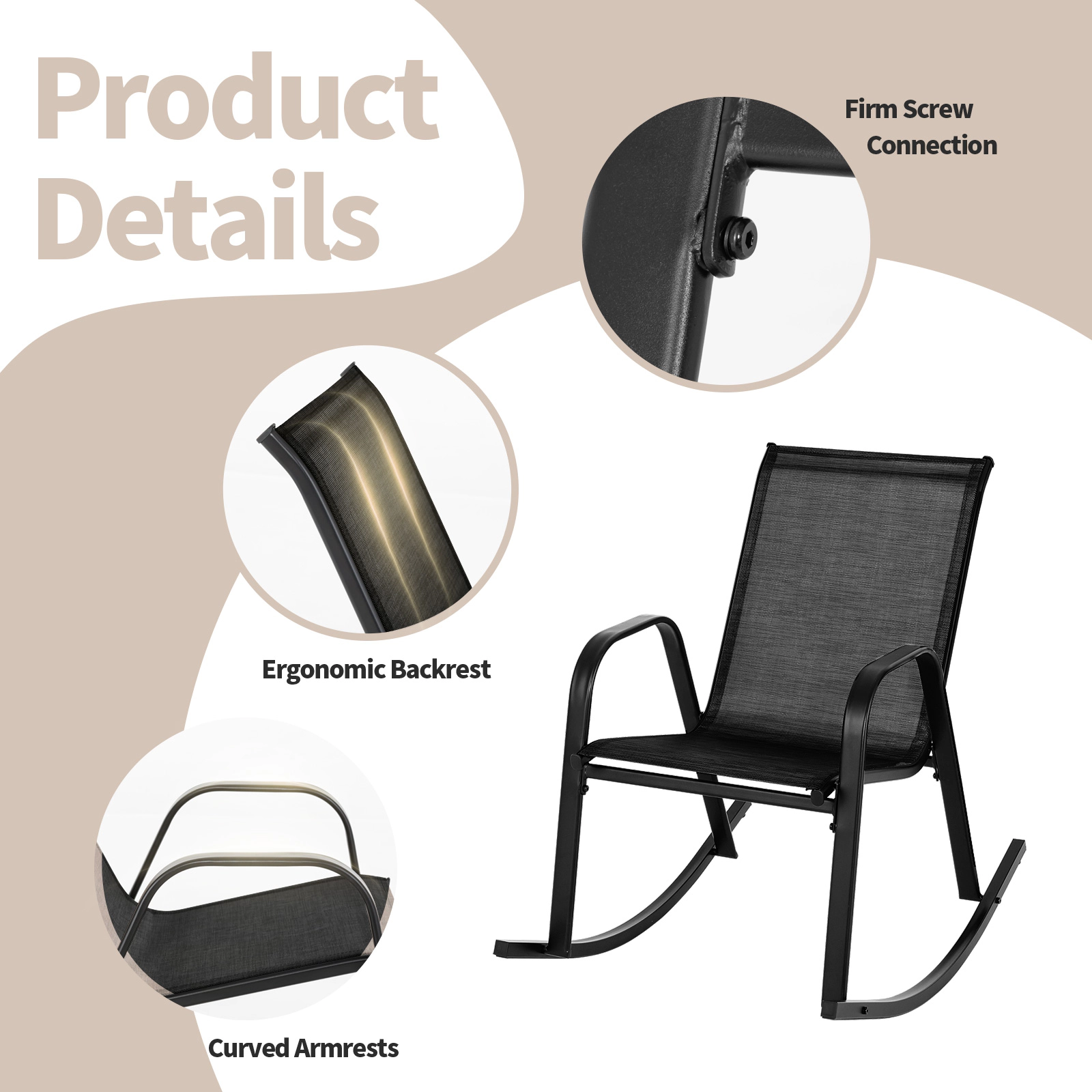 SUGIFT Set of 2 Metal Patio Rocking Chairs with Breathable Seat Fabric Metal Frame 330-Lb Capacity Black