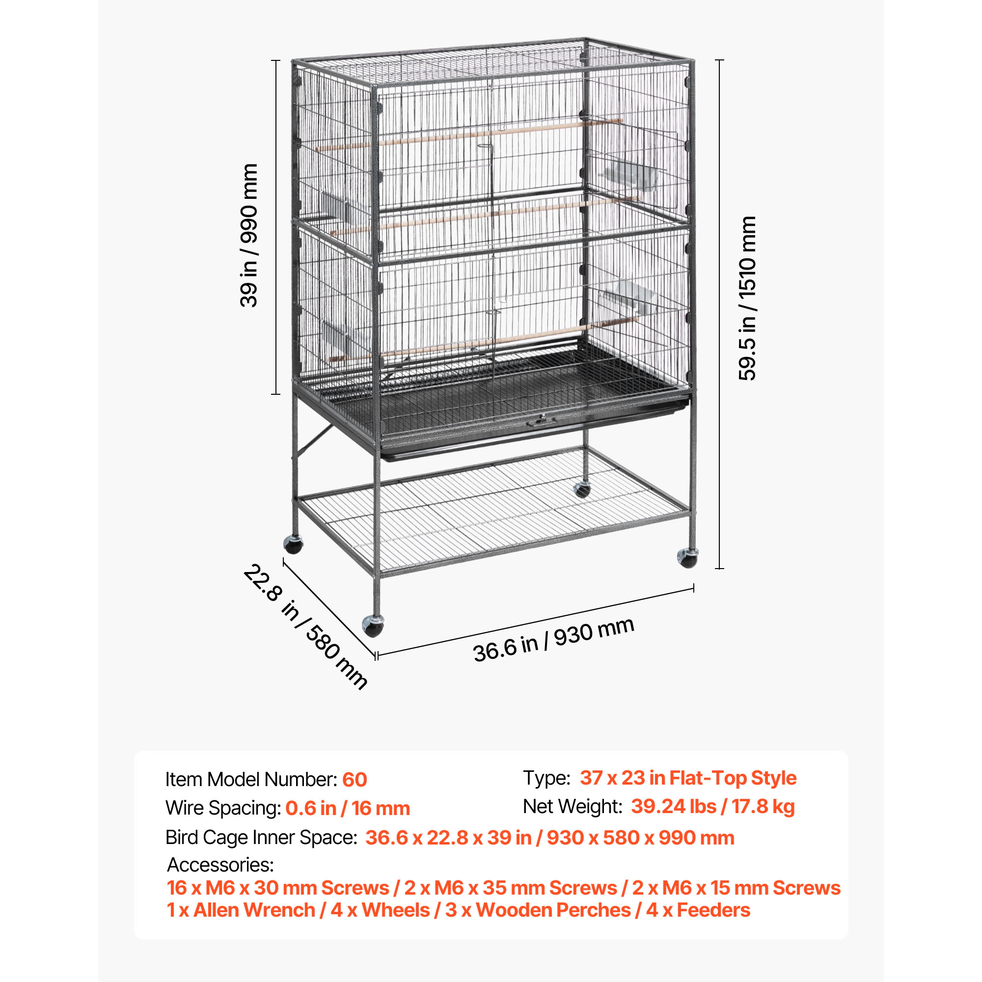 HONGGE Wrought Iron Flat-Top Parrot Cage with Casters, 36.6 x 22.8 x 59.5 in, Holds 3-4 Medium to Large Birds