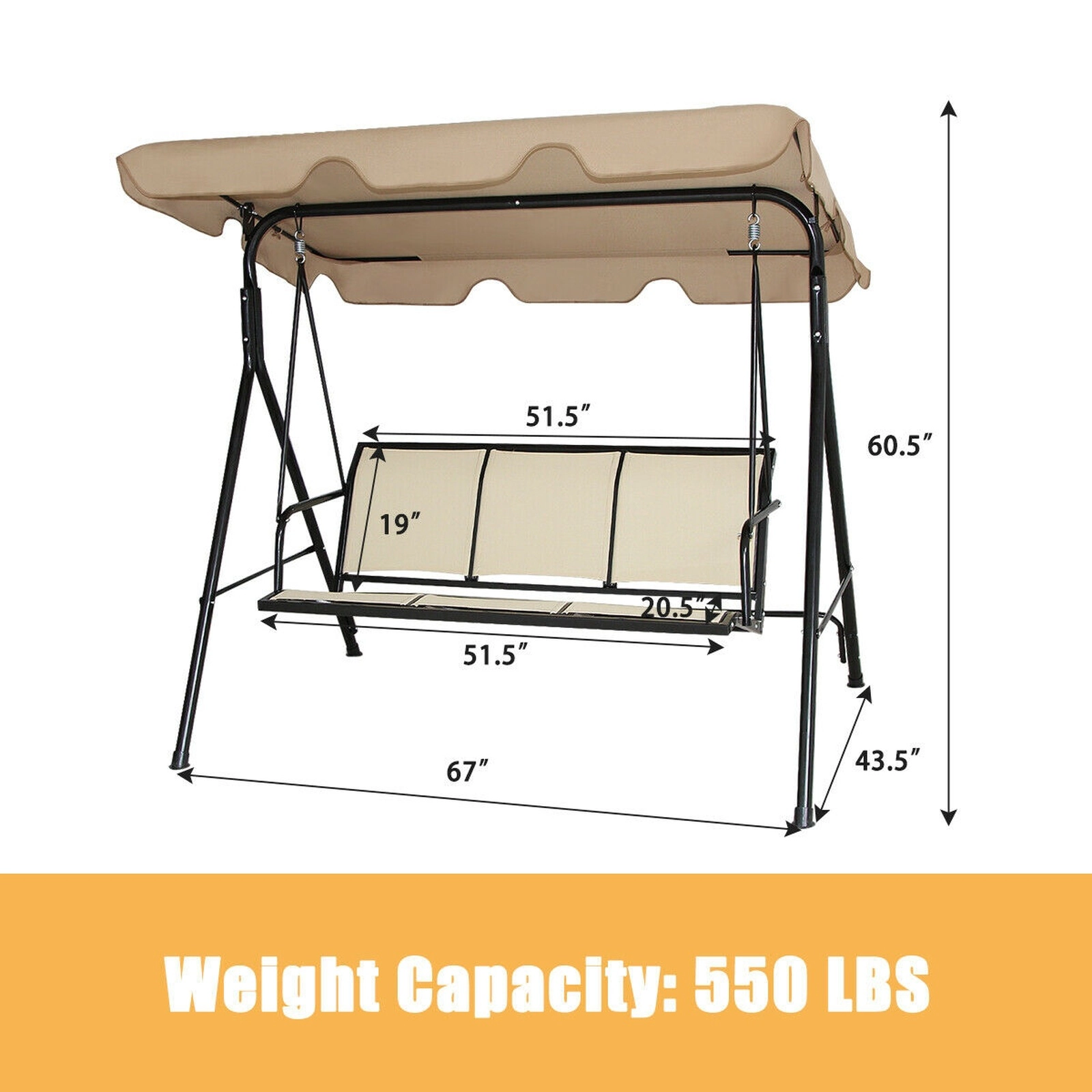 SUGIFT 3 Person Steel Frame Patio Swing with Adjustable Canopy 550-lb Capacity 67-in Wide Textilene Polyester Seat Brown