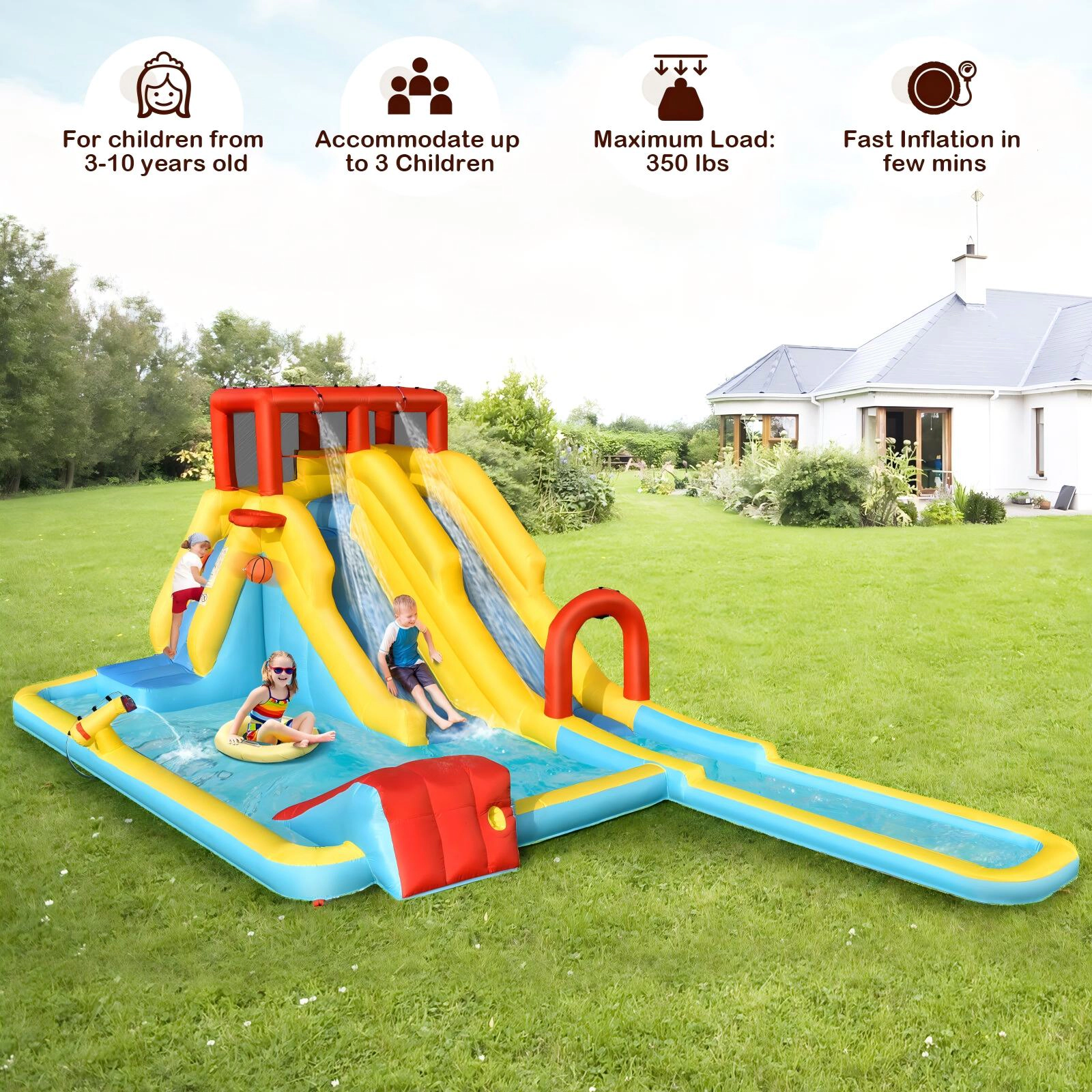 SUGIFT 245-in Inflatable Dual Slide Water Park with Climbing Wall Pool 735W Blower for Backyard
