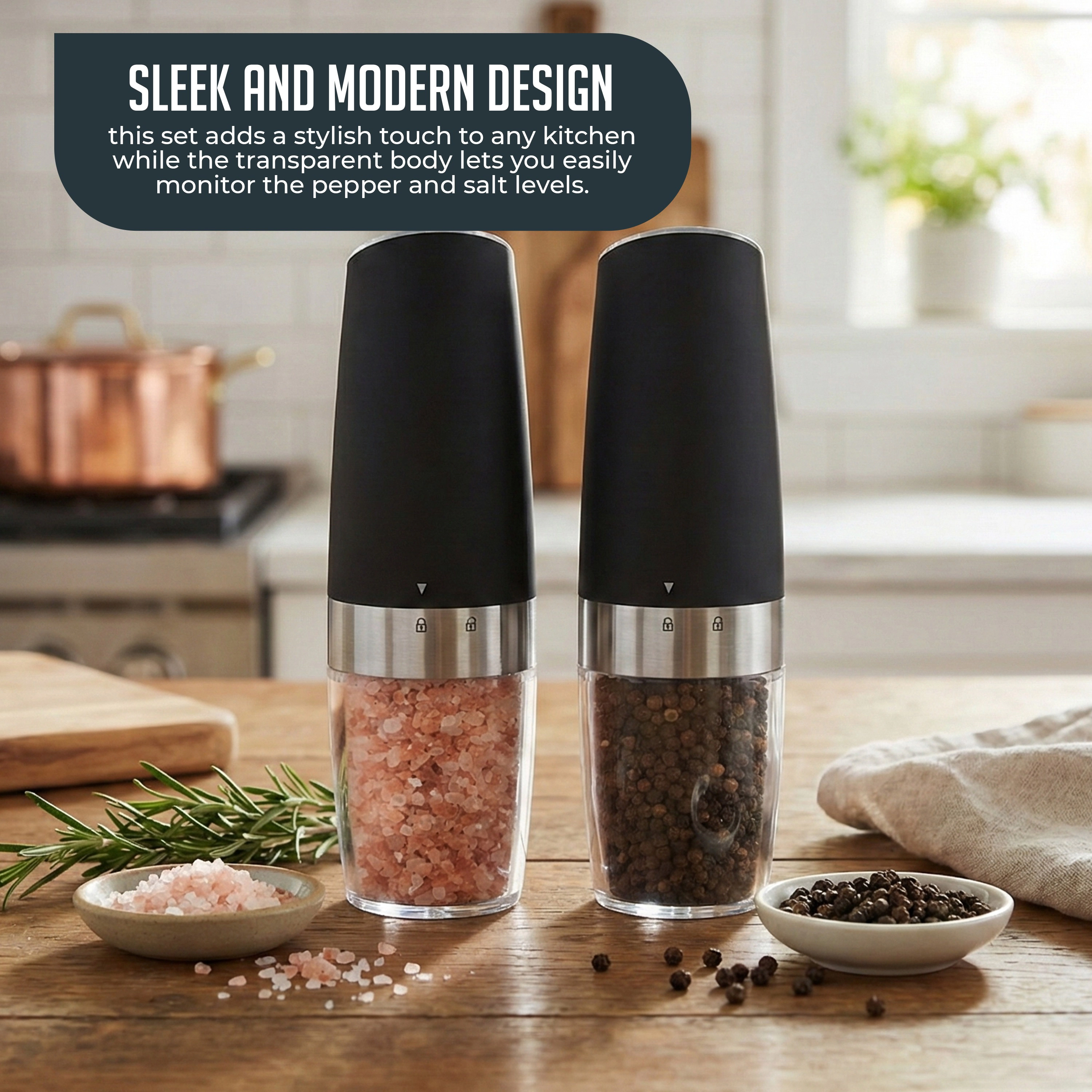 Luminuxe Gravity Electric Pepper and Salt Grinder Set – One-Handed Automatic Operation, Adjustable Coarseness, LED Light